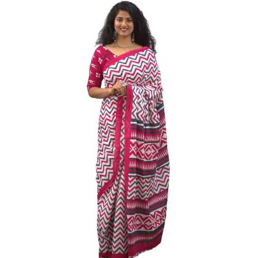 JALTHER Handicrafts Womens Ikat Hand Block Print Jaipuri Cotton Mulmul Saree with Blouse Piece - Pink_37