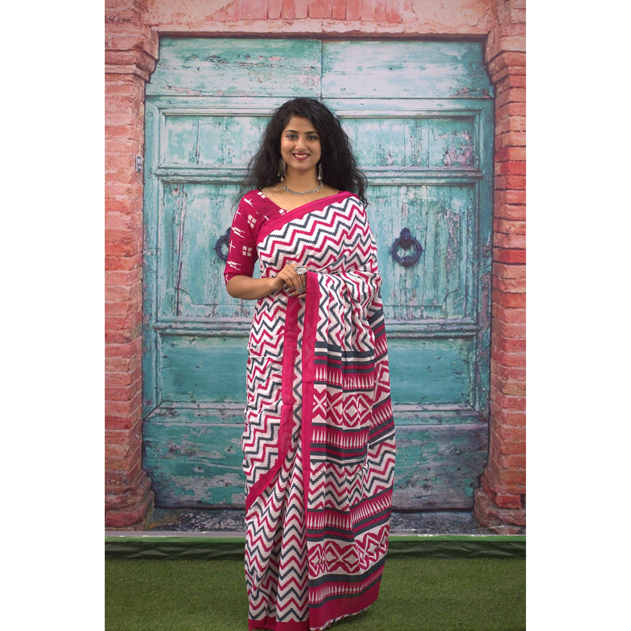 JALTHER Handicrafts Womens Ikat Hand Block Print Jaipuri Cotton Mulmul Saree with Blouse Piece - Pink_37