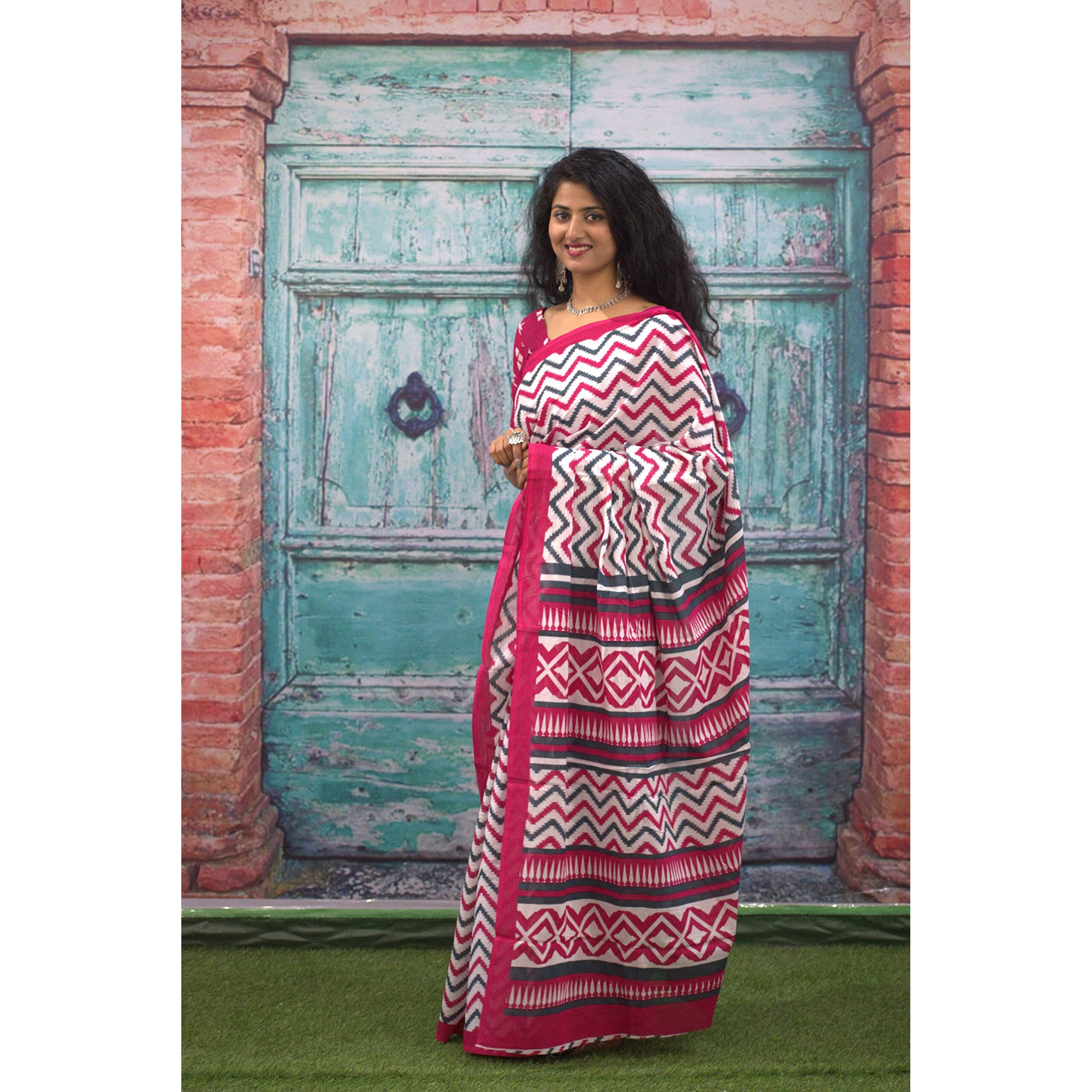 JALTHER Handicrafts Womens Ikat Hand Block Print Jaipuri Cotton Mulmul Saree with Blouse Piece - Pink_37