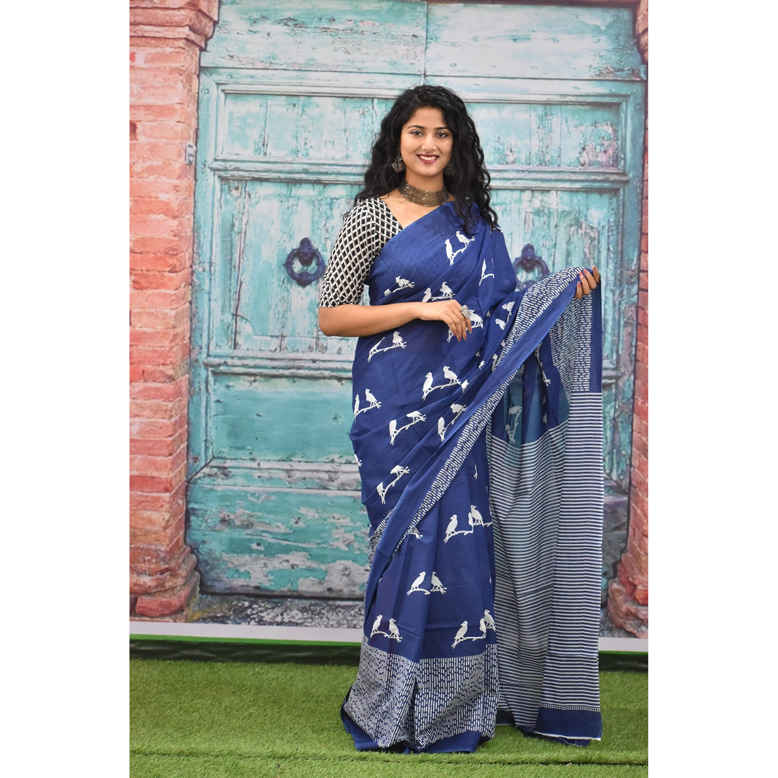 JALTHER Handicrafts Womens Ikat Hand Block Print Jaipuri Cotton Mulmul Saree with Blouse Piece - Blue_221