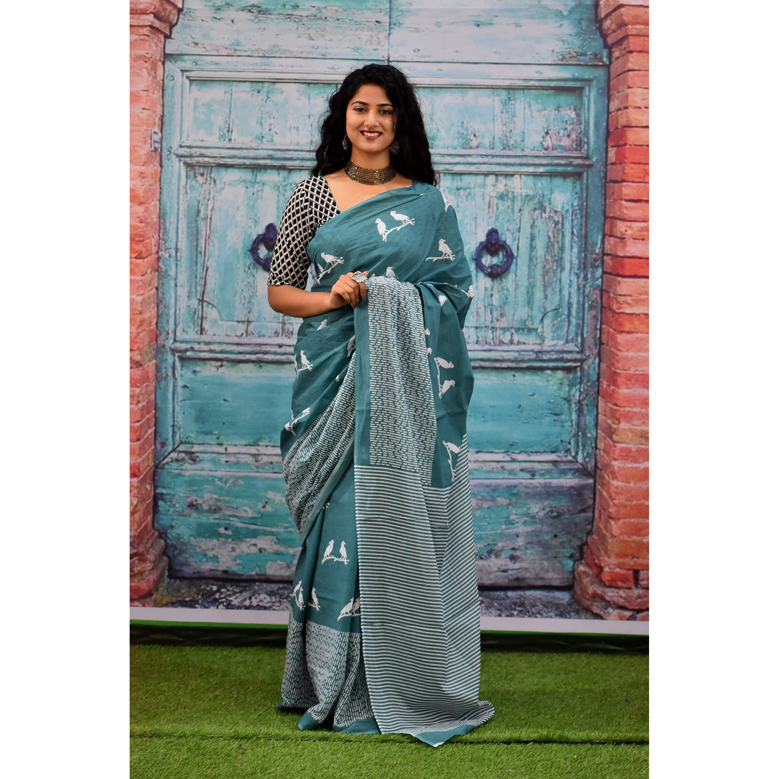 JALTHER Handicrafts Womens Ikat Hand Block Print Jaipuri Cotton Mulmul Saree with Blouse Piece - Multi_222