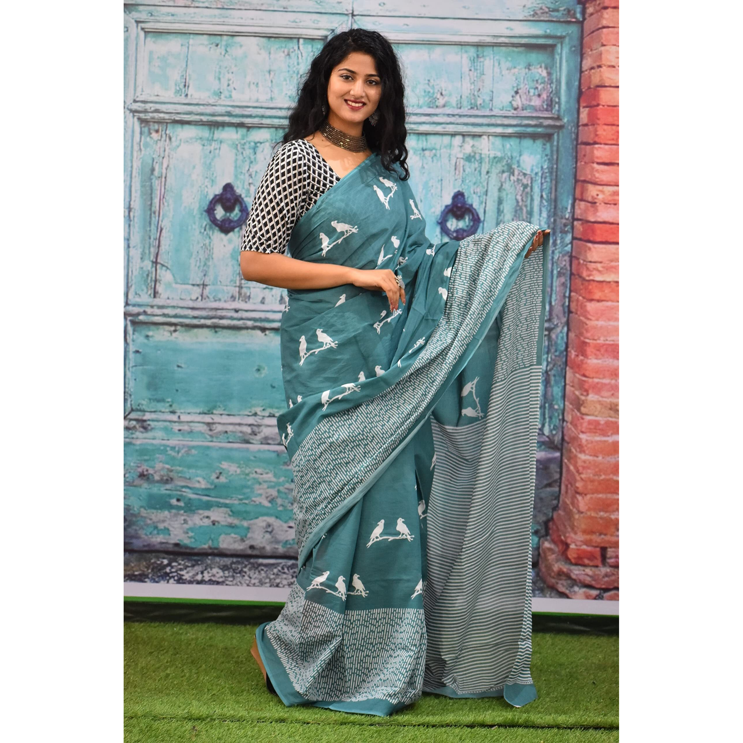 JALTHER Handicrafts Womens Ikat Hand Block Print Jaipuri Cotton Mulmul Saree with Blouse Piece - Multi_222