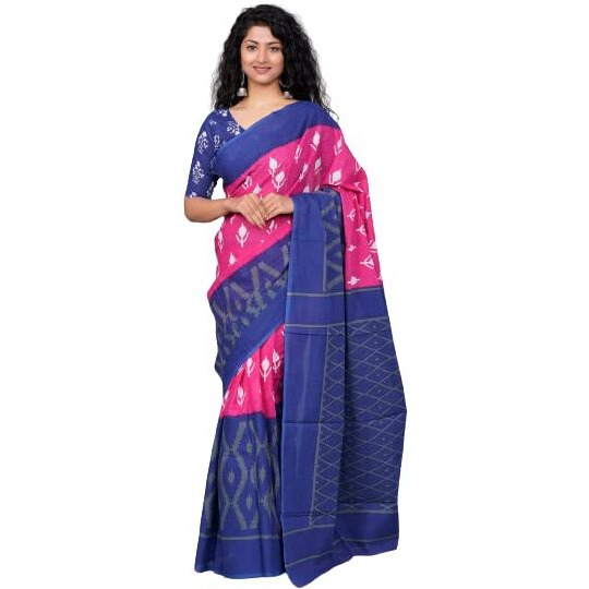 JALTHER Handicrafts Womens Ikat Hand Block Print Jaipuri Cotton Mulmul Saree with Blouse Piece - Pink_29