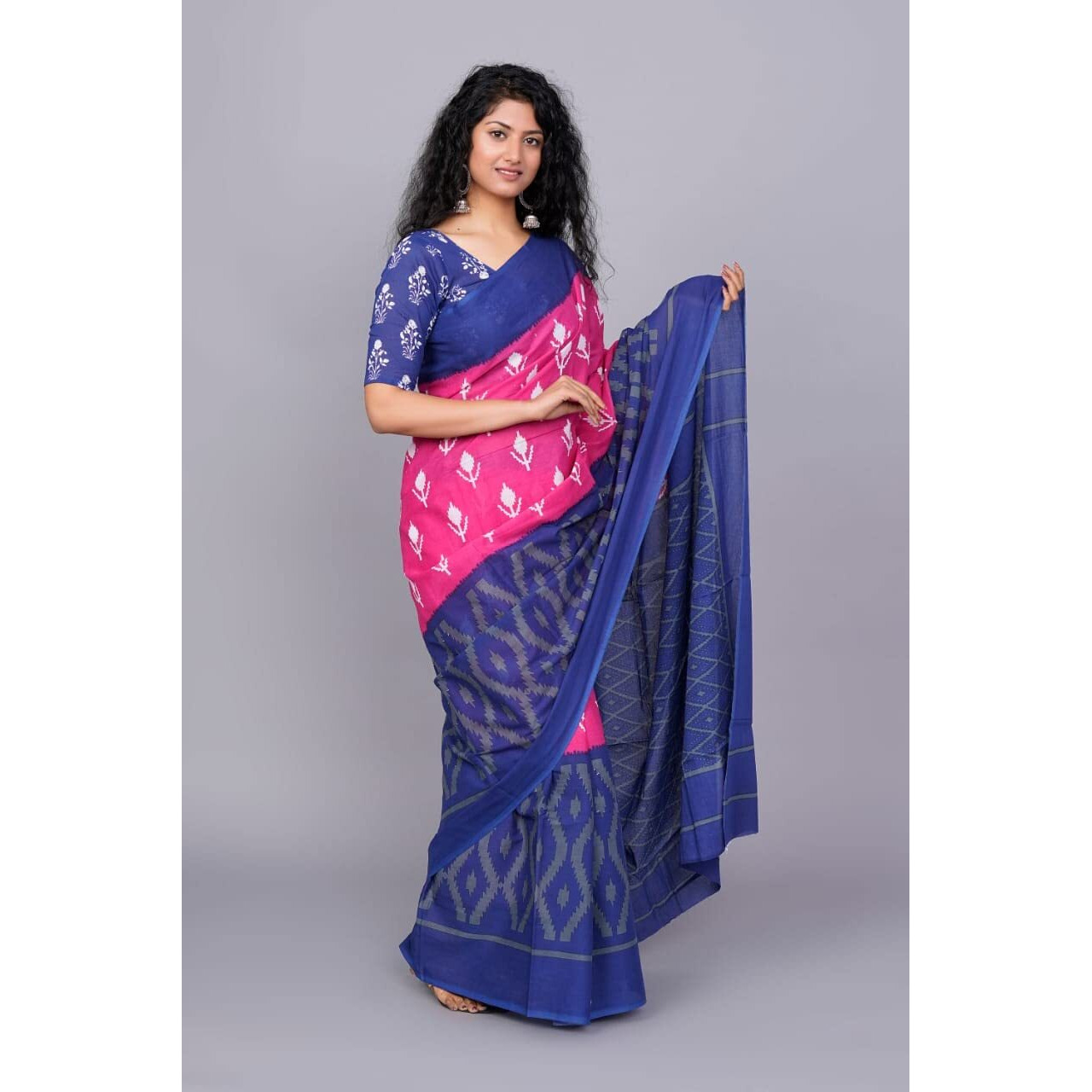 JALTHER Handicrafts Womens Ikat Hand Block Print Jaipuri Cotton Mulmul Saree with Blouse Piece - Pink_29