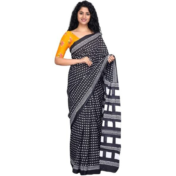 JALTHER Handicrafts Womens Ikat Hand Block Print Jaipuri Cotton Mulmul Saree with Blouse Piece - Black_15