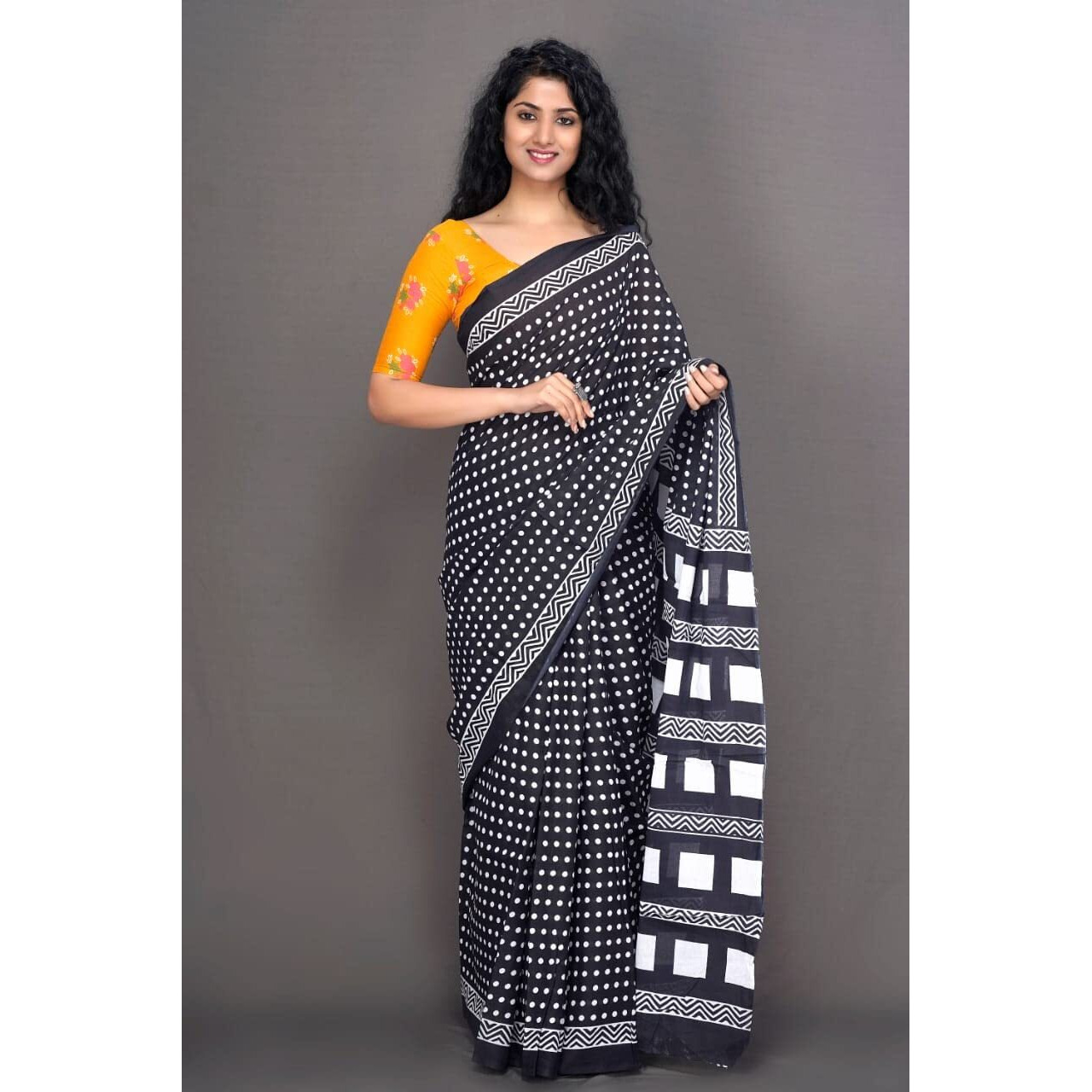 JALTHER Handicrafts Womens Ikat Hand Block Print Jaipuri Cotton Mulmul Saree with Blouse Piece - Black_15