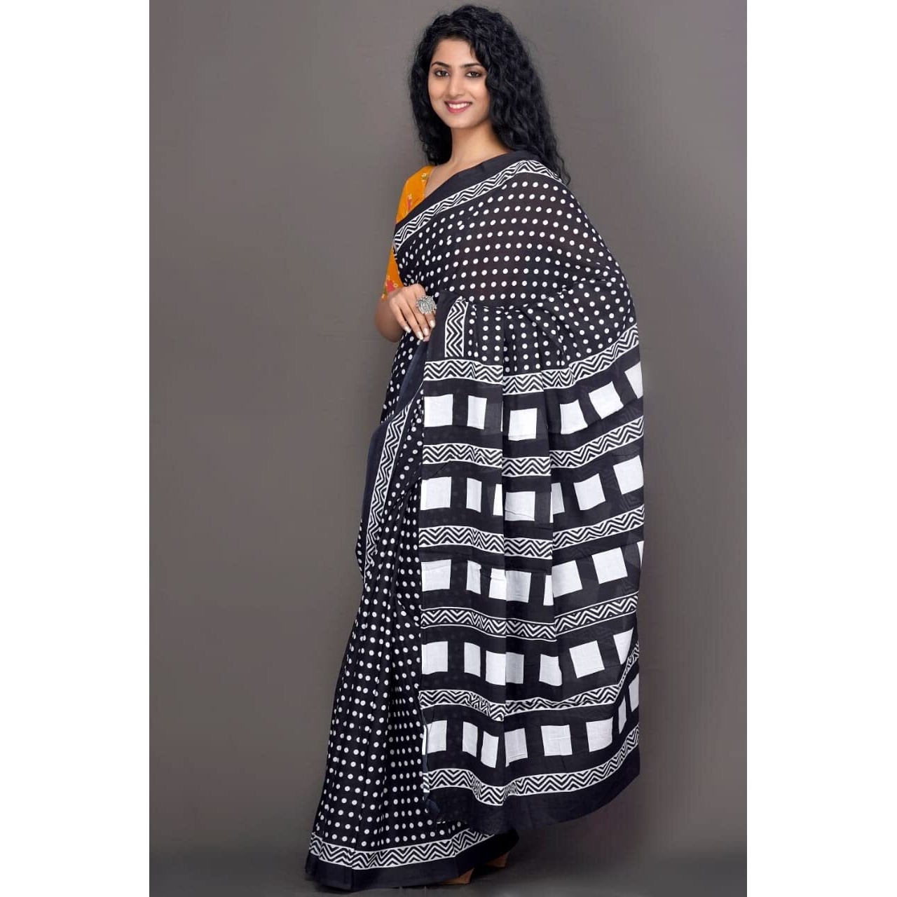 JALTHER Handicrafts Womens Ikat Hand Block Print Jaipuri Cotton Mulmul Saree with Blouse Piece - Black_15