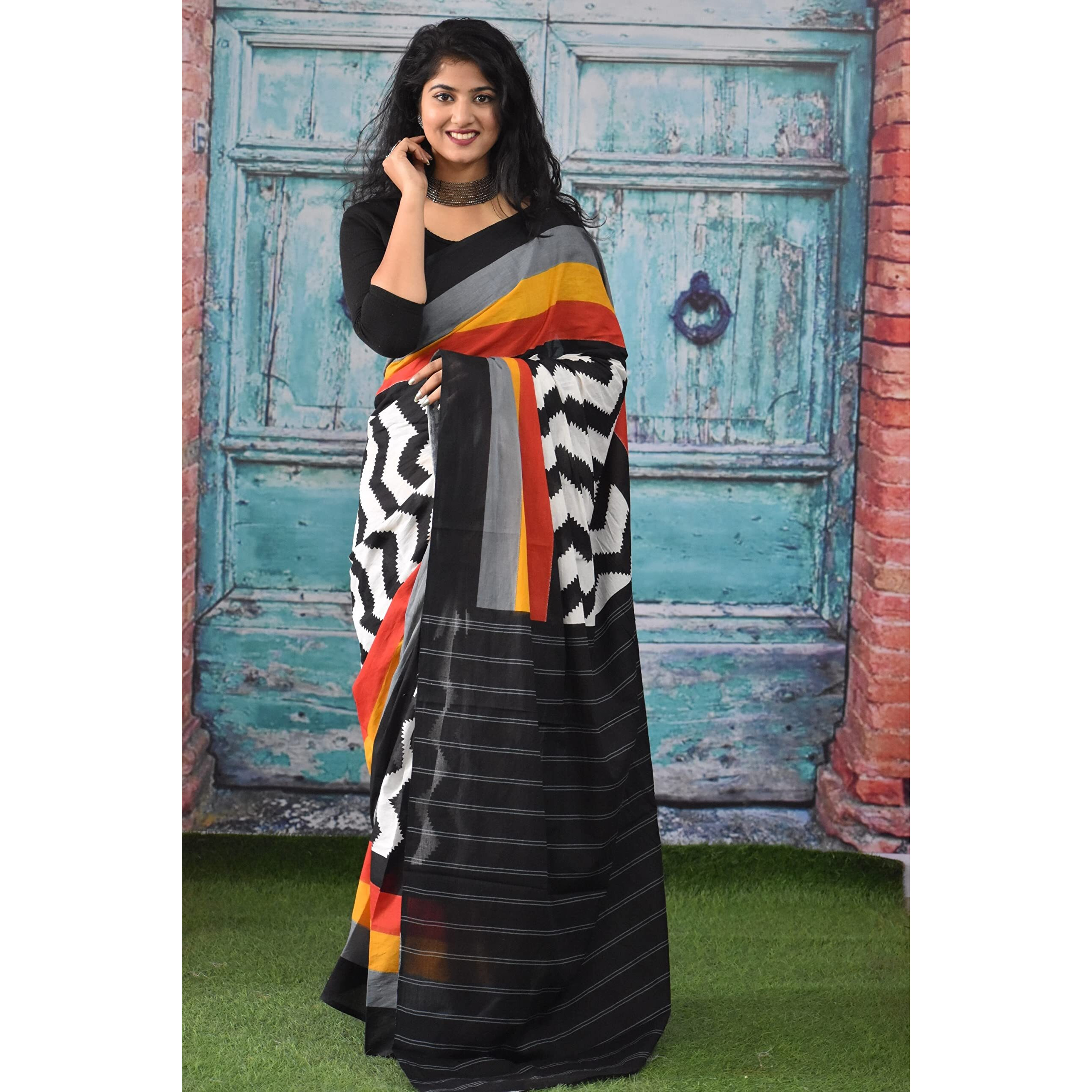 JALTHER Handicrafts Womens Ikat Hand Block Print Jaipuri Cotton Mulmul Saree with Blouse Piece - Black_36