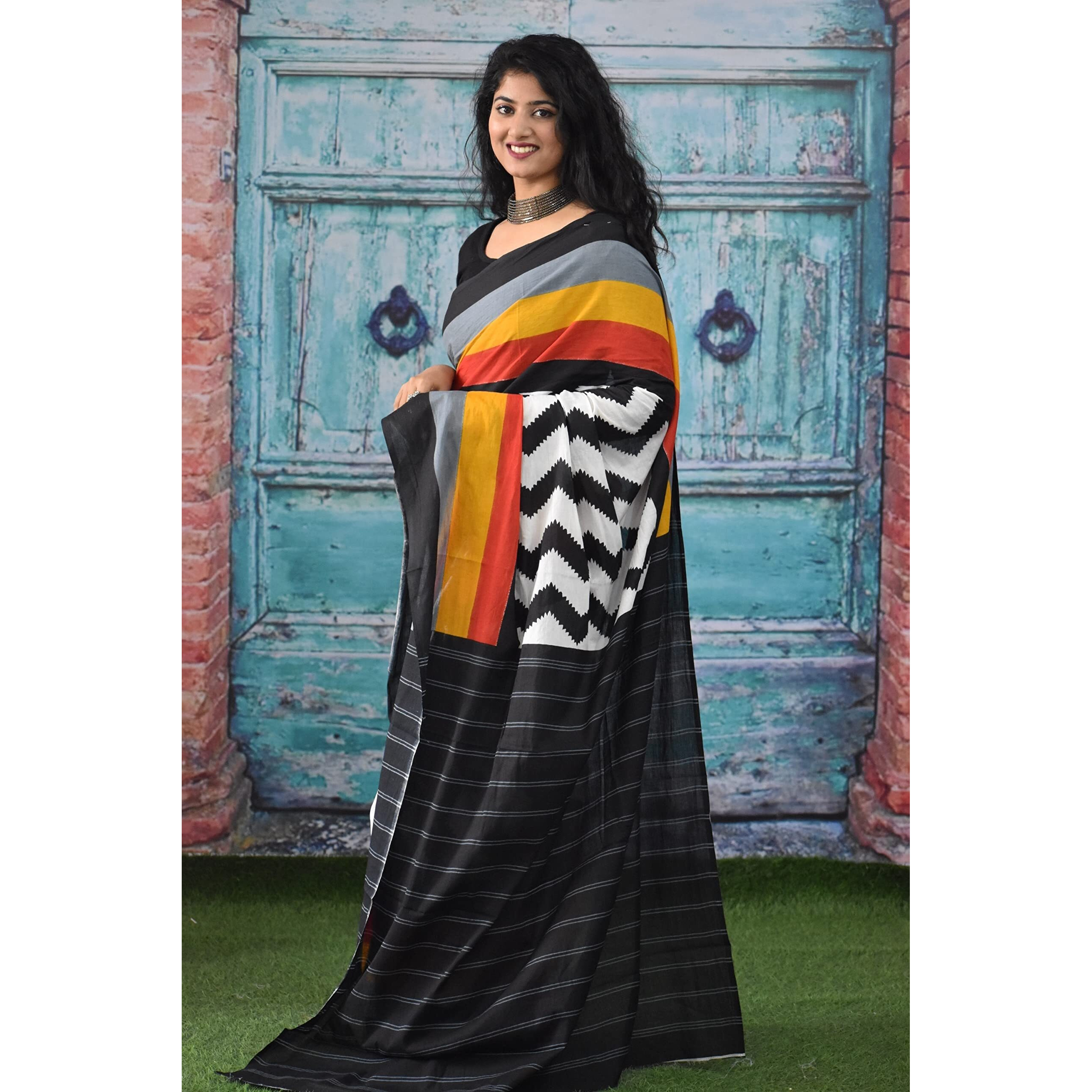 JALTHER Handicrafts Womens Ikat Hand Block Print Jaipuri Cotton Mulmul Saree with Blouse Piece - Black_36