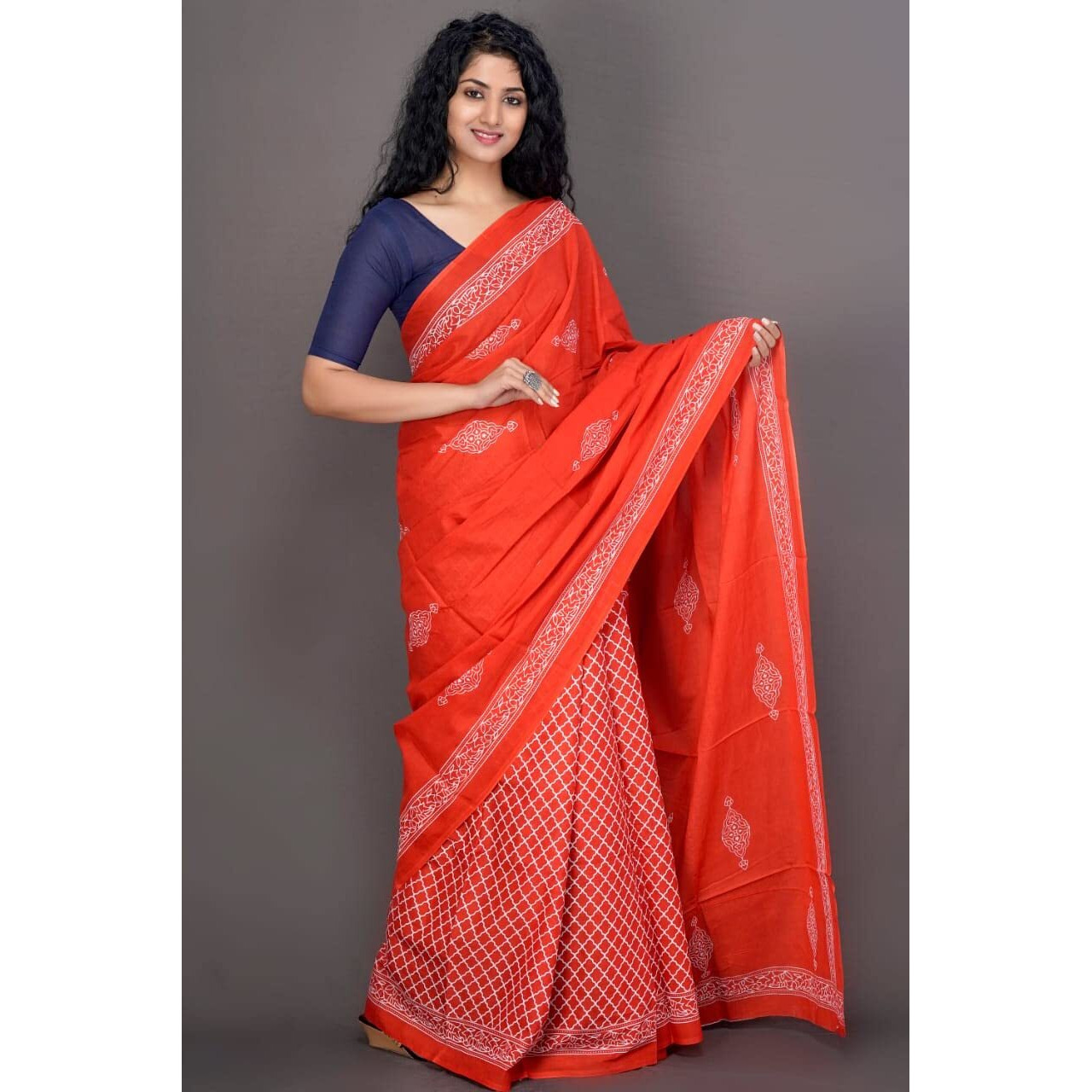 JALTHER Handicrafts Womens Ikat Hand Block Print Jaipuri Cotton Mulmul Saree with Blouse Piece - Orange_16