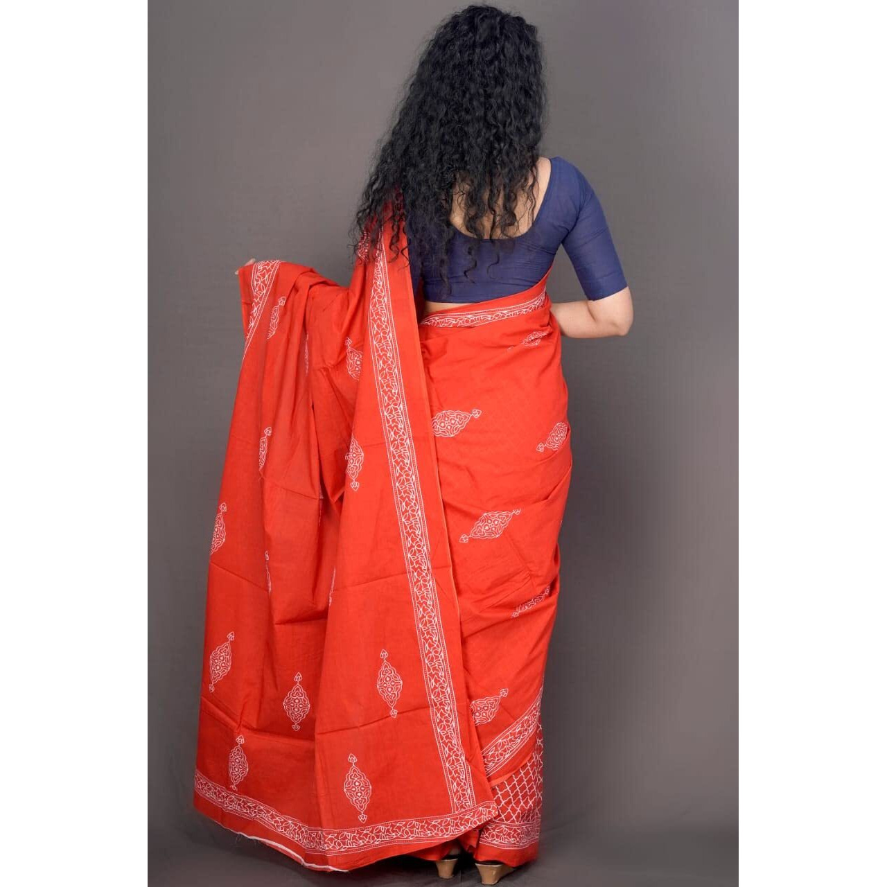 JALTHER Handicrafts Womens Ikat Hand Block Print Jaipuri Cotton Mulmul Saree with Blouse Piece - Orange_16