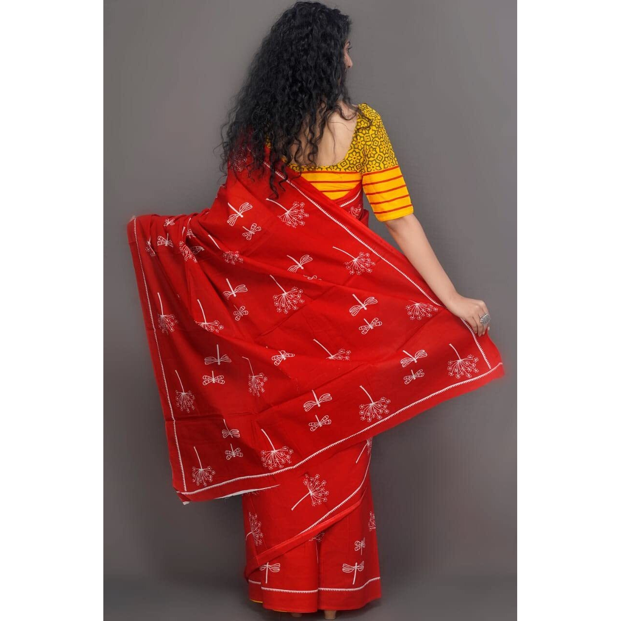 JALTHER Handicrafts Womens Ikat Hand Block Print Jaipuri Cotton Mulmul Saree with Blouse Piece - Maroon_17