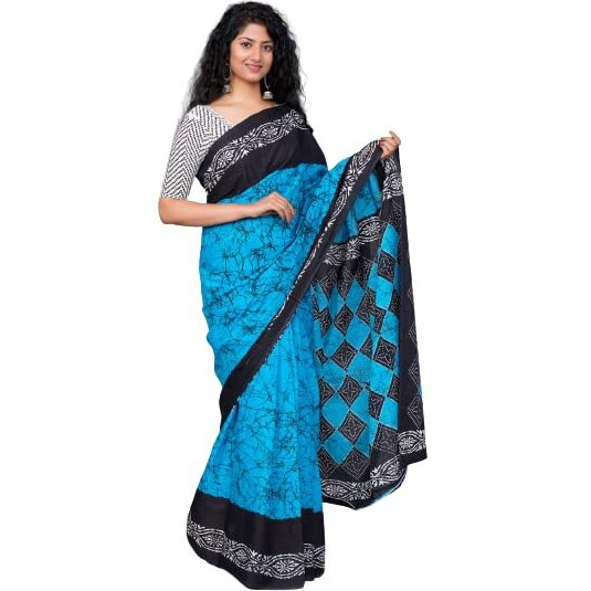 JALTHER Handicrafts Womens Ikat Hand Block Print Jaipuri Cotton Mulmul Saree with Blouse Piece - Turquise_25