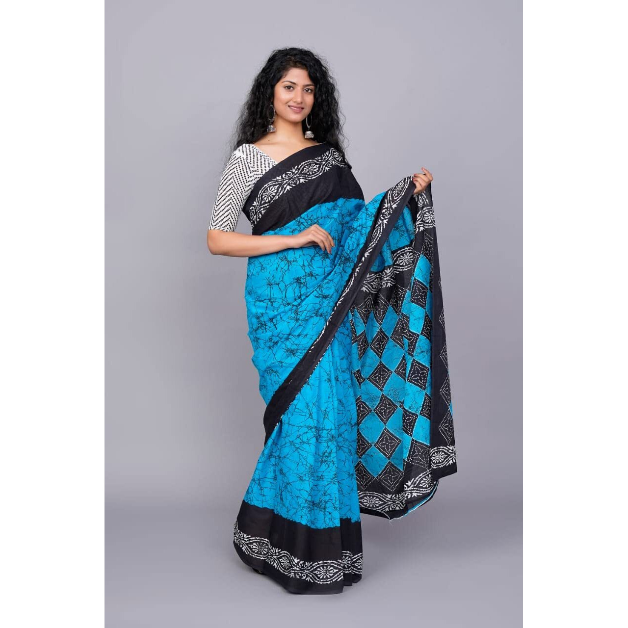 JALTHER Handicrafts Womens Ikat Hand Block Print Jaipuri Cotton Mulmul Saree with Blouse Piece - Turquise_25