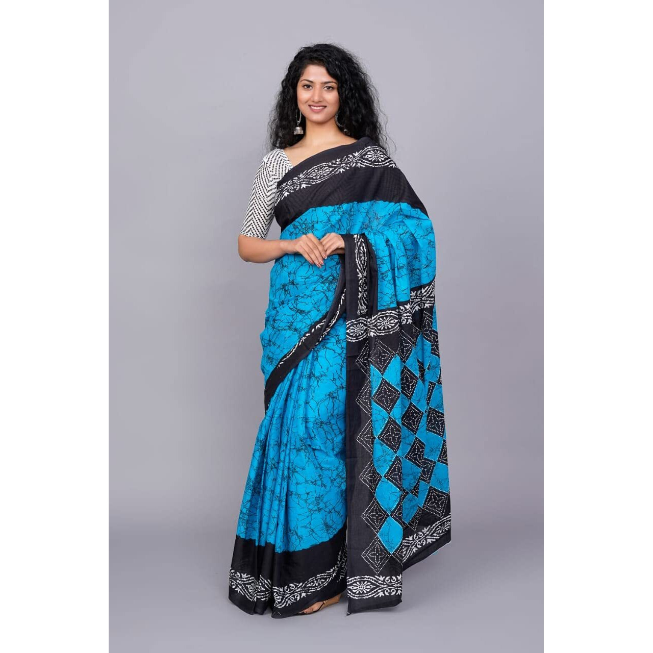 JALTHER Handicrafts Womens Ikat Hand Block Print Jaipuri Cotton Mulmul Saree with Blouse Piece - Turquise_25