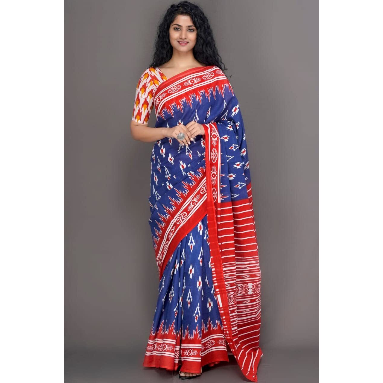 JALTHER Handicrafts Womens Ikat Hand Block Print Jaipuri Cotton Mulmul Saree with Blouse Piece - Blue_