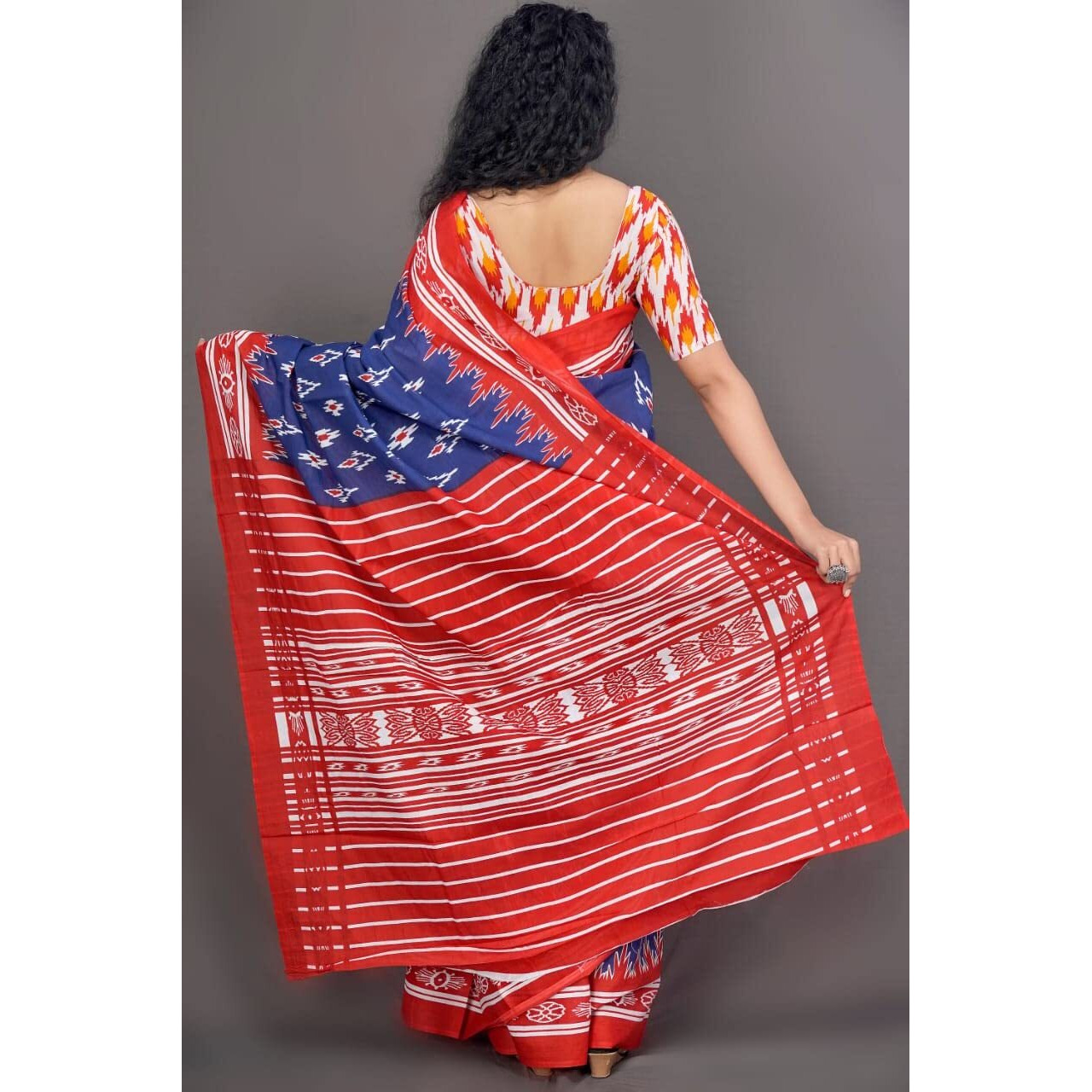 JALTHER Handicrafts Womens Ikat Hand Block Print Jaipuri Cotton Mulmul Saree with Blouse Piece - Blue_