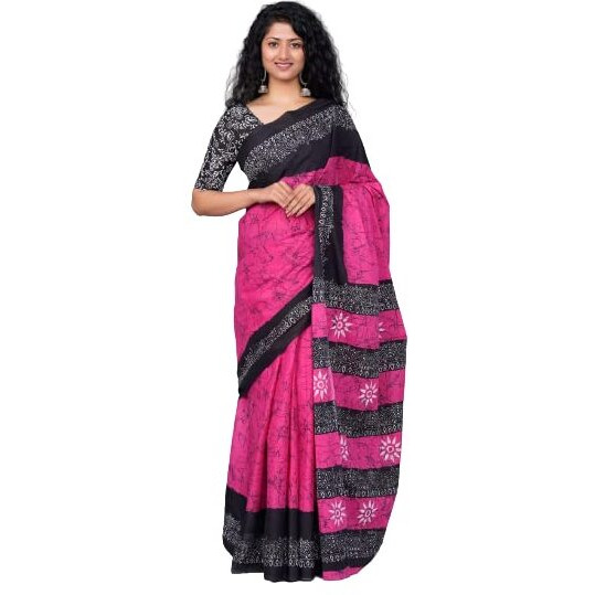 JALTHER Handicrafts Womens Ikat Hand Block Print Jaipuri Cotton Mulmul Saree with Blouse Piece - Pink_31