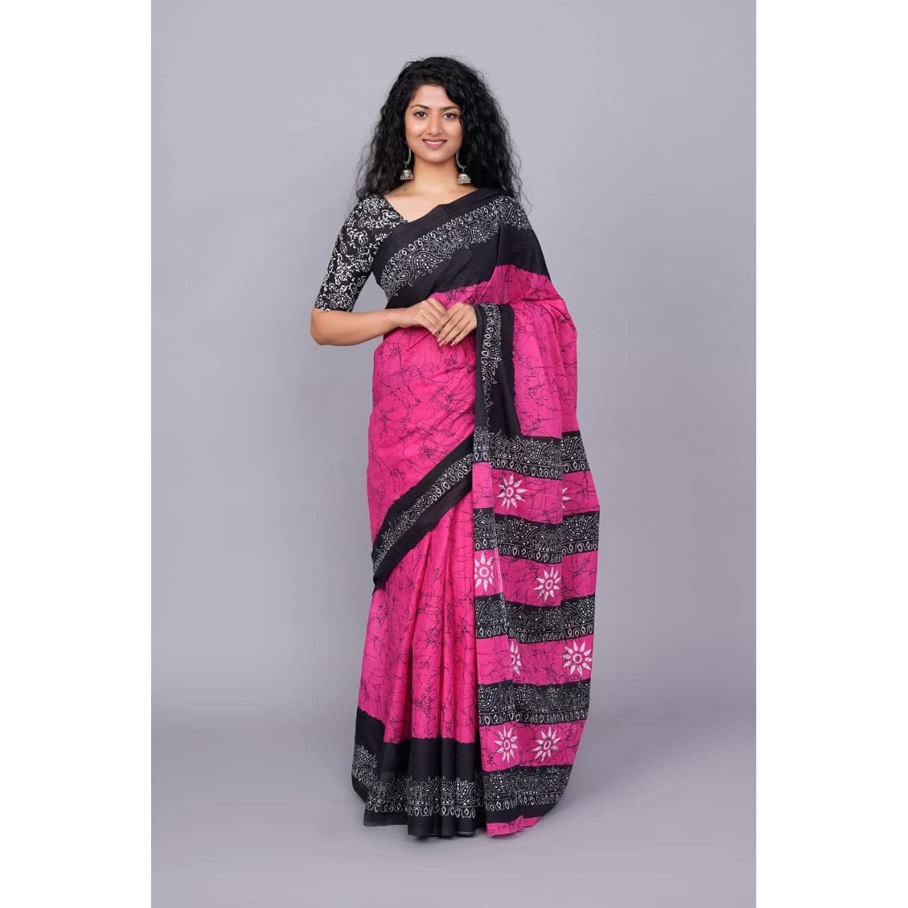 JALTHER Handicrafts Womens Ikat Hand Block Print Jaipuri Cotton Mulmul Saree with Blouse Piece - Pink_31