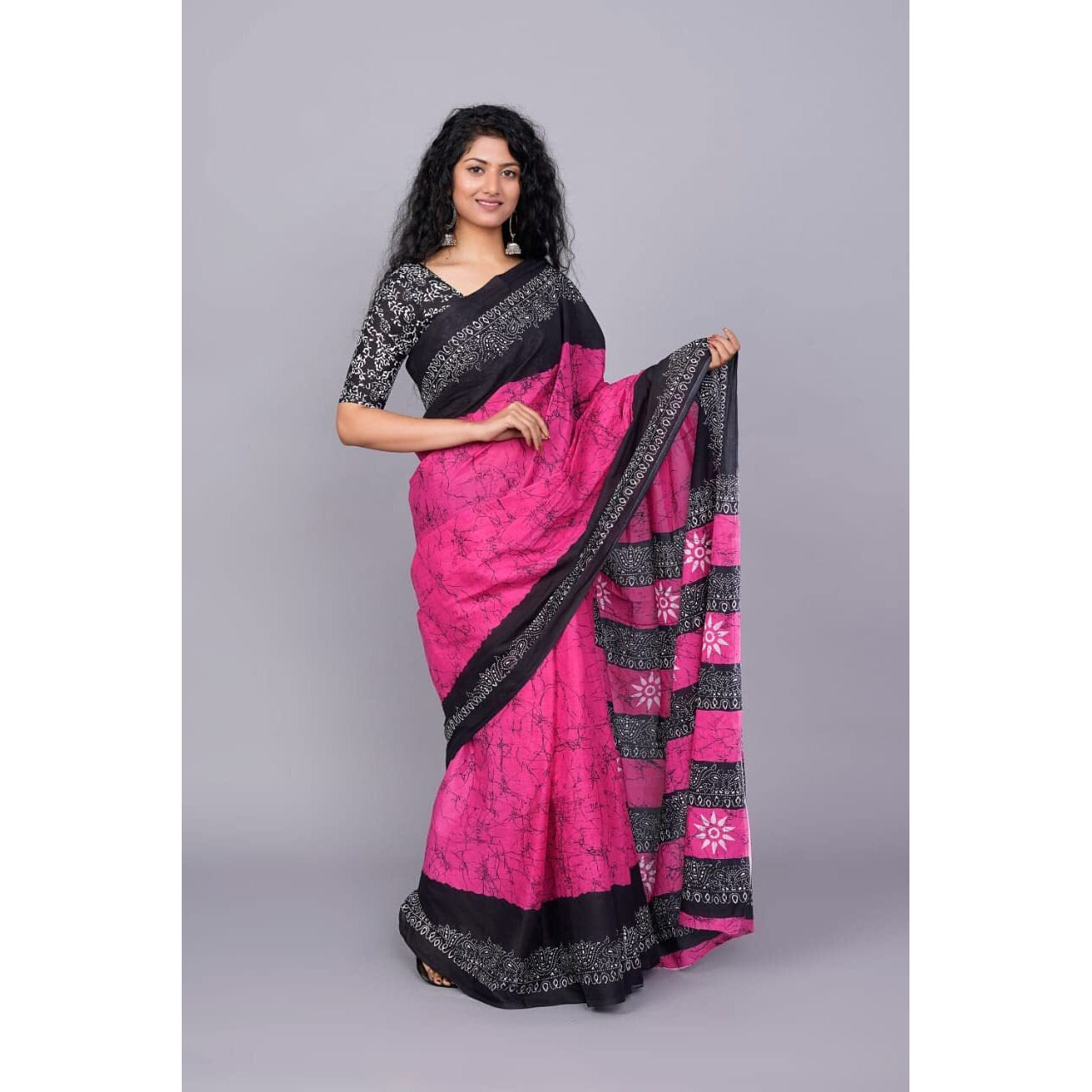 JALTHER Handicrafts Womens Ikat Hand Block Print Jaipuri Cotton Mulmul Saree with Blouse Piece - Pink_31