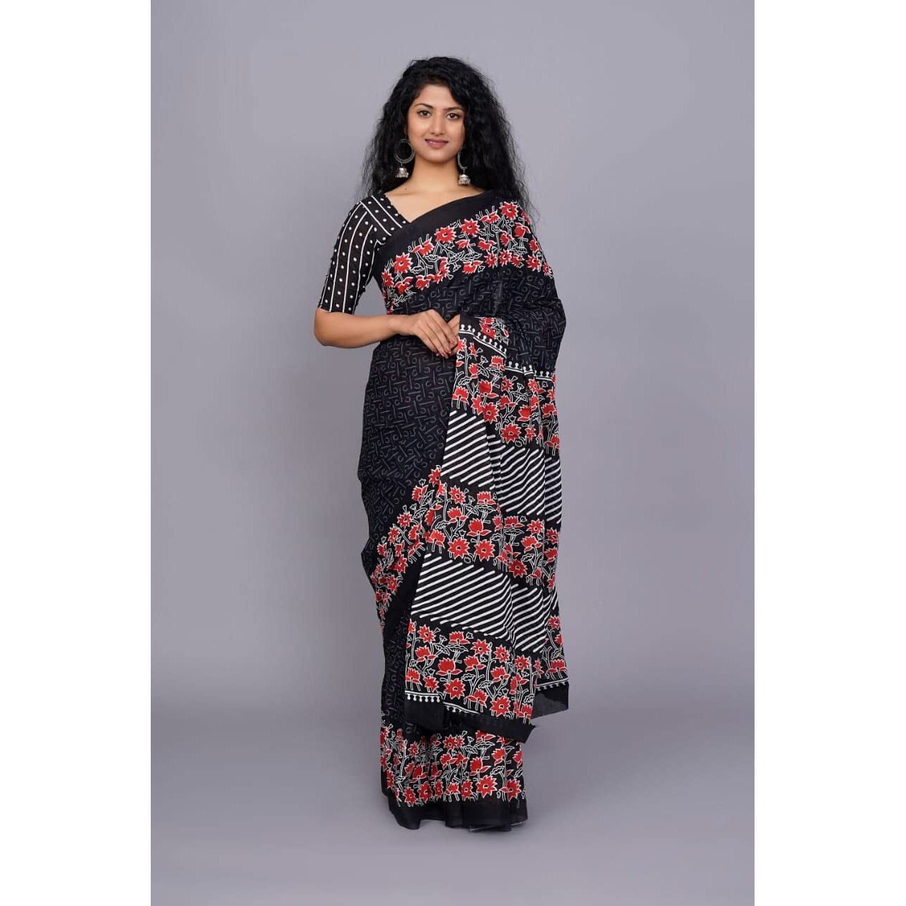 JALTHER Handicrafts Womens Ikat Hand Block Print Jaipuri Cotton Mulmul Saree with Blouse Piece - Black_27