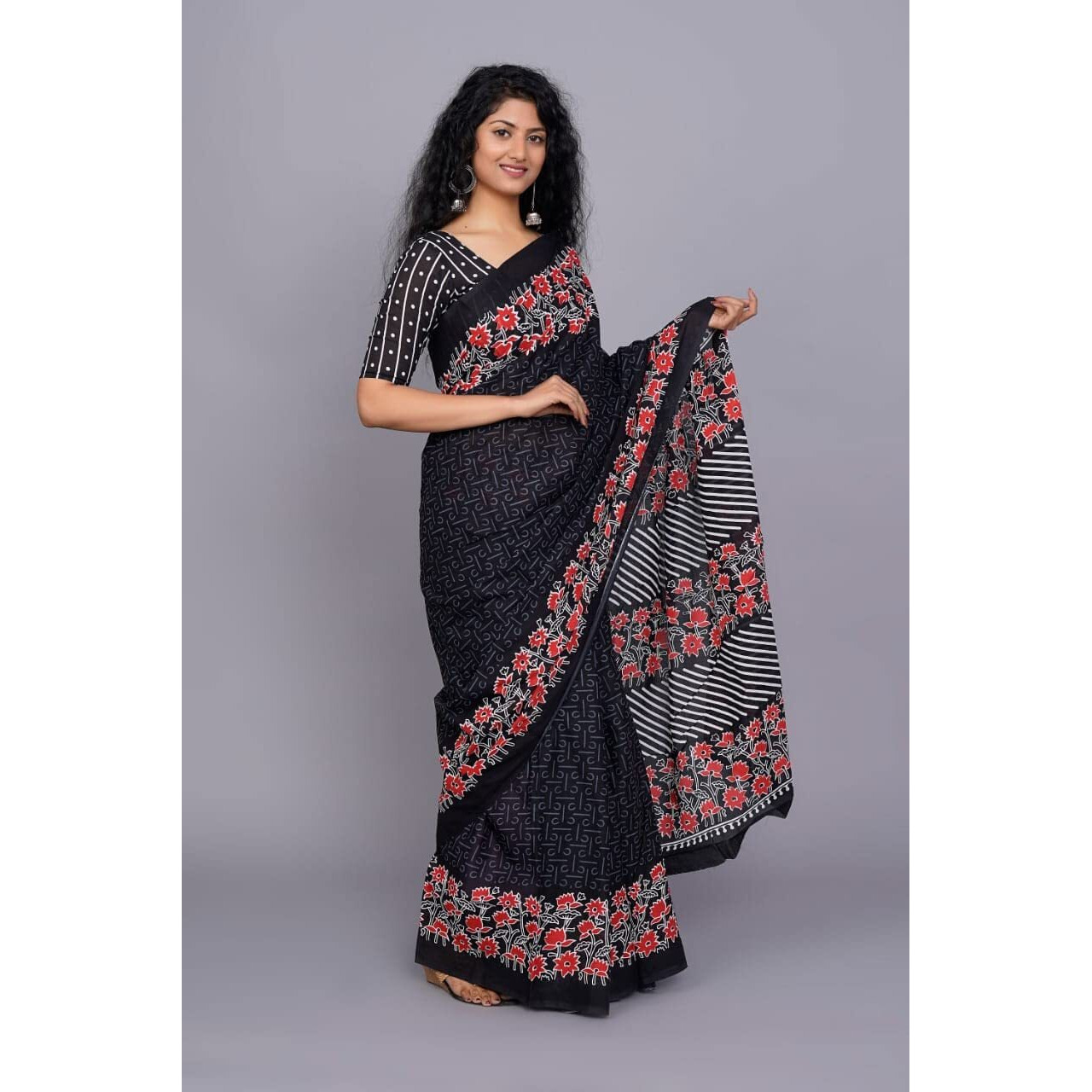 JALTHER Handicrafts Womens Ikat Hand Block Print Jaipuri Cotton Mulmul Saree with Blouse Piece - Black_27