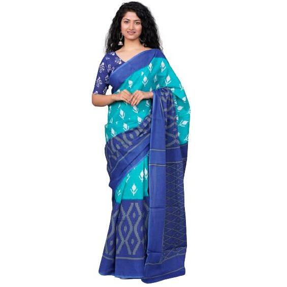JALTHER Handicrafts Womens Ikat Hand Block Print Jaipuri Cotton Mulmul Saree with Blouse Piece - Blue_30