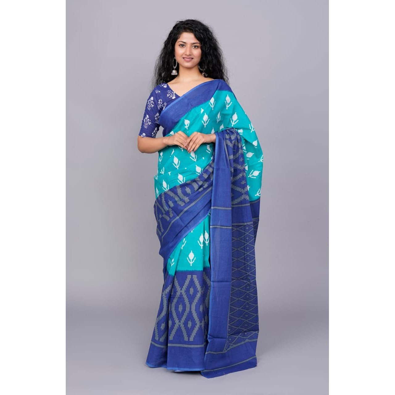 JALTHER Handicrafts Womens Ikat Hand Block Print Jaipuri Cotton Mulmul Saree with Blouse Piece - Blue_30