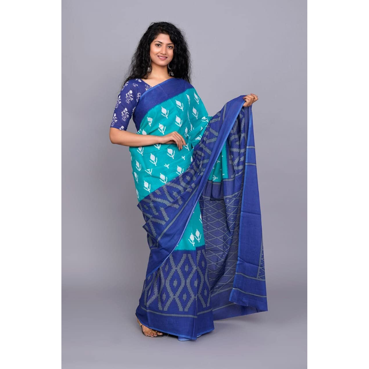 JALTHER Handicrafts Womens Ikat Hand Block Print Jaipuri Cotton Mulmul Saree with Blouse Piece - Blue_30