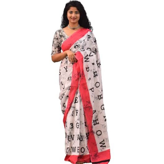 JALTHER Handicrafts Womens Ikat Hand Block Print Jaipuri Cotton Mulmul Saree with Blouse Piece - White_225