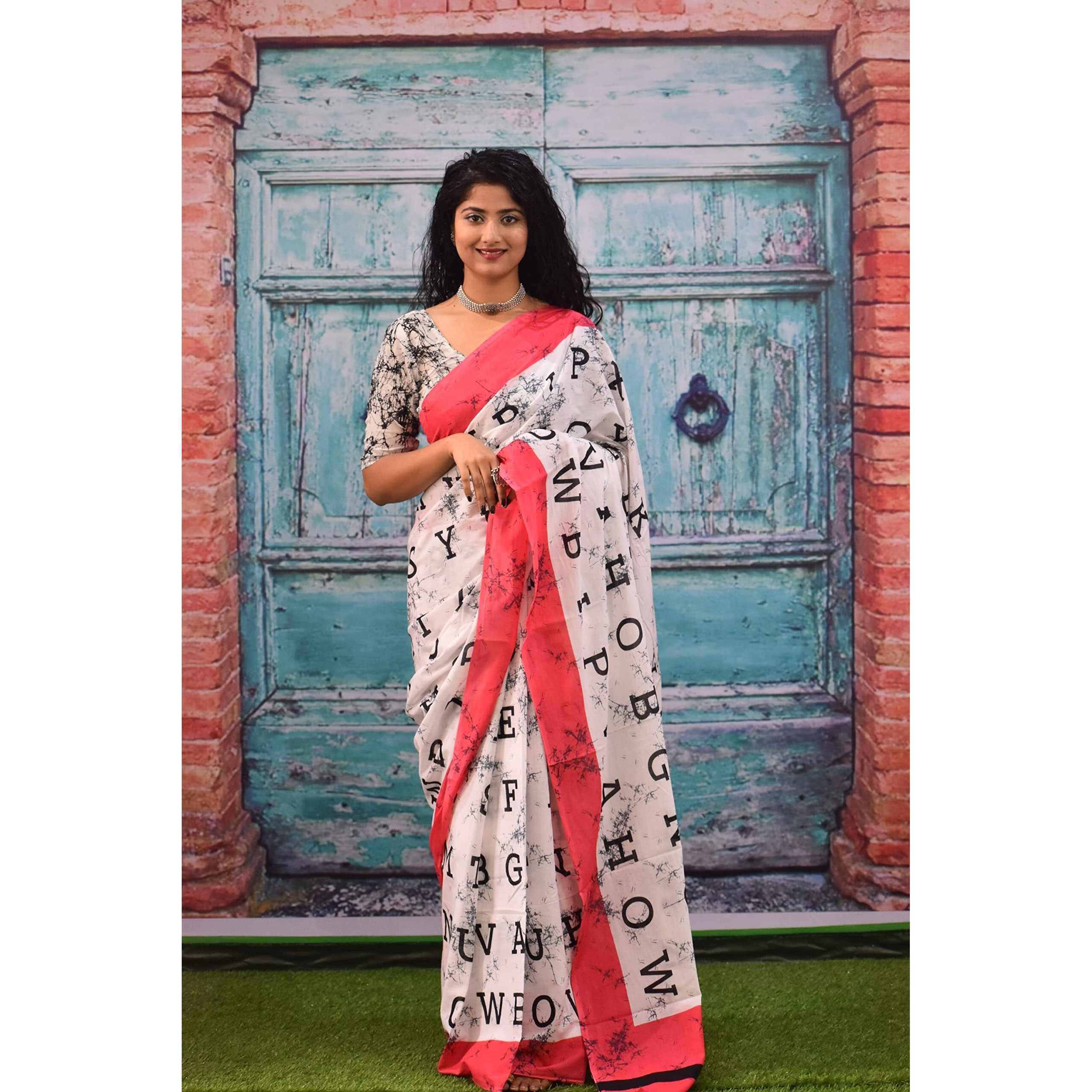 JALTHER Handicrafts Womens Ikat Hand Block Print Jaipuri Cotton Mulmul Saree with Blouse Piece - White_225