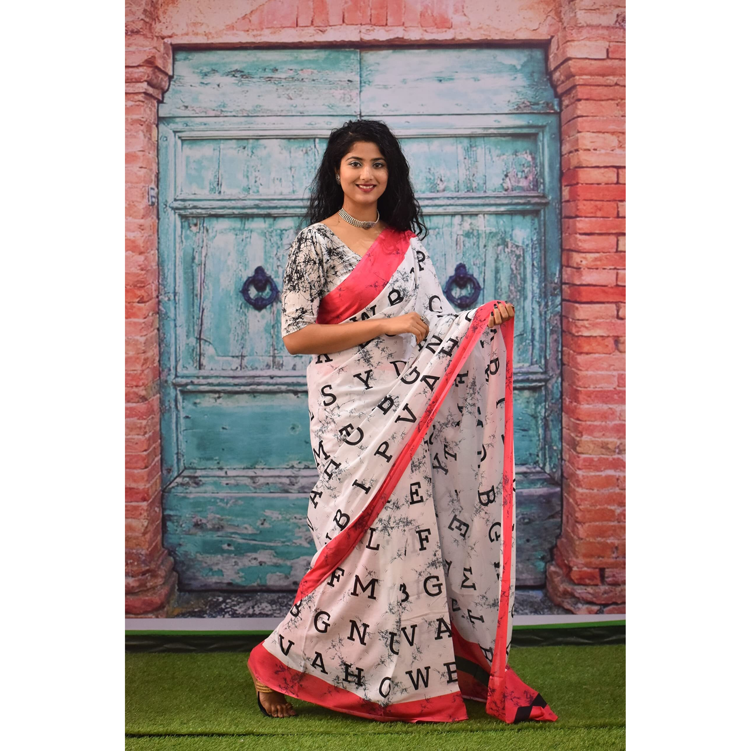 JALTHER Handicrafts Womens Ikat Hand Block Print Jaipuri Cotton Mulmul Saree with Blouse Piece - White_225