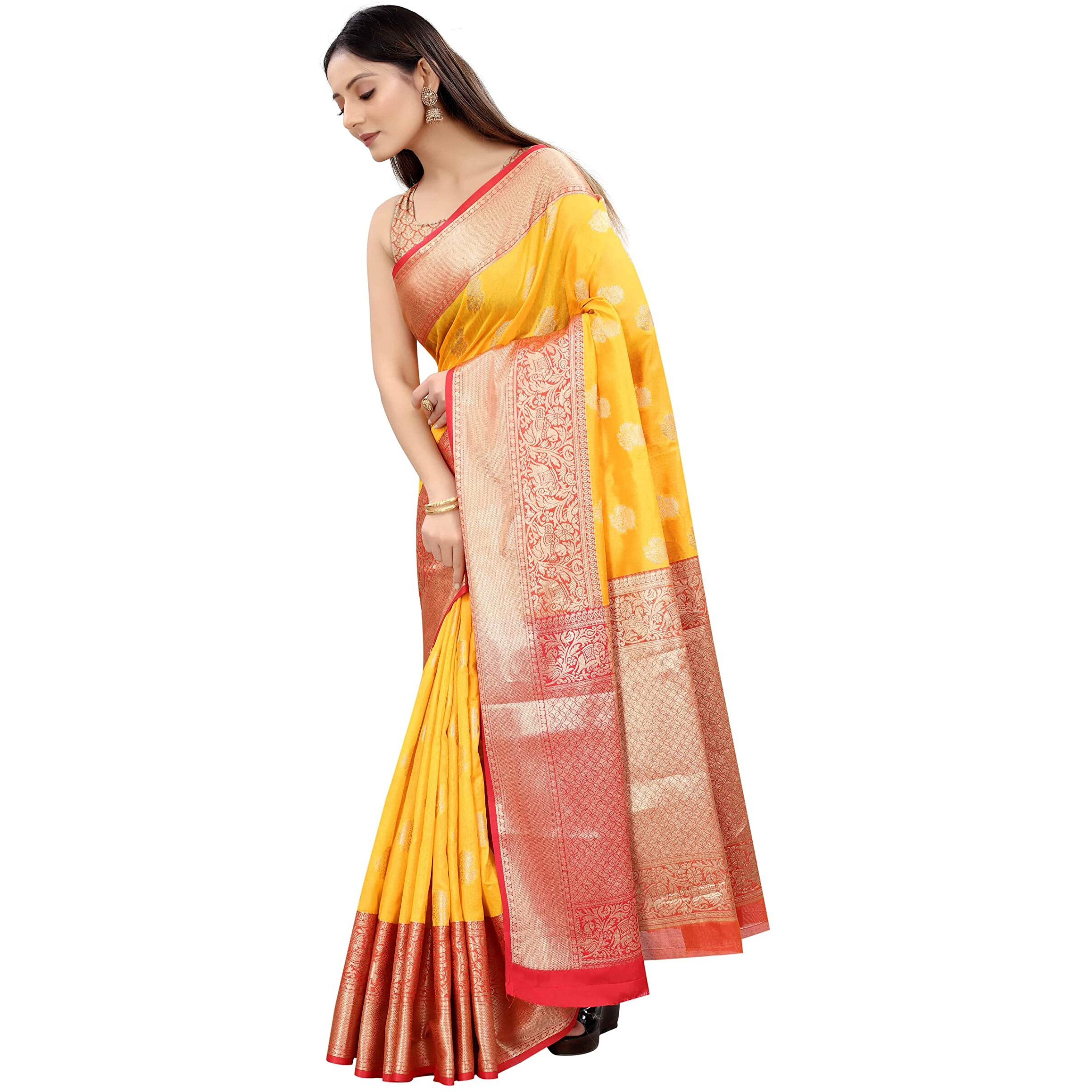 Enthone Womens Heavy Banarasi Art Silk Saree With Unstitched Blouse Piece(Yellow)