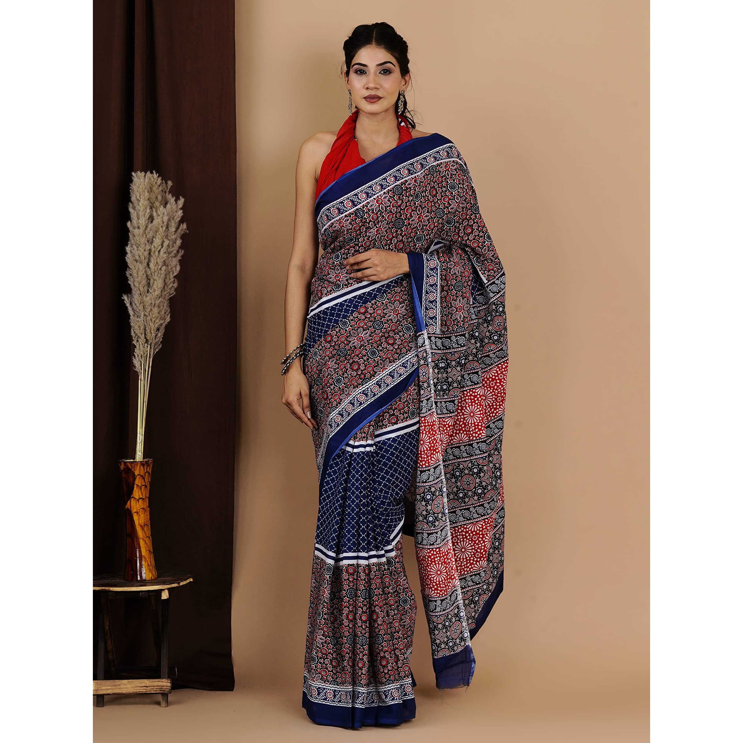 JALTHER Womens Ikat Hand Block Print Jaipuri Cotton Mulmul Saree with Blouse Piece -Maroon_Shiv_2004