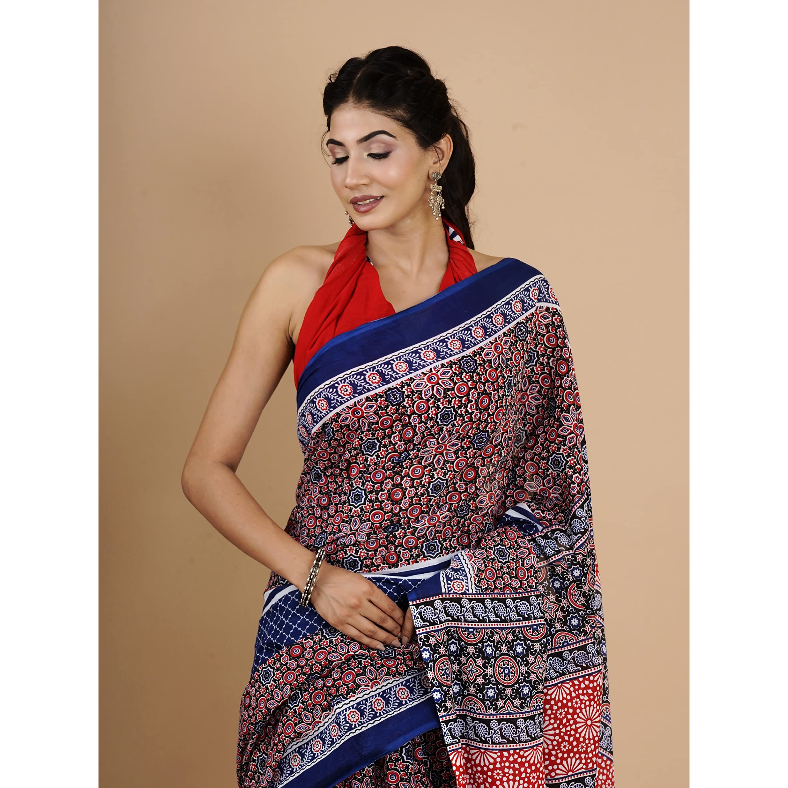 JALTHER Womens Ikat Hand Block Print Jaipuri Cotton Mulmul Saree with Blouse Piece -Maroon_Shiv_2004