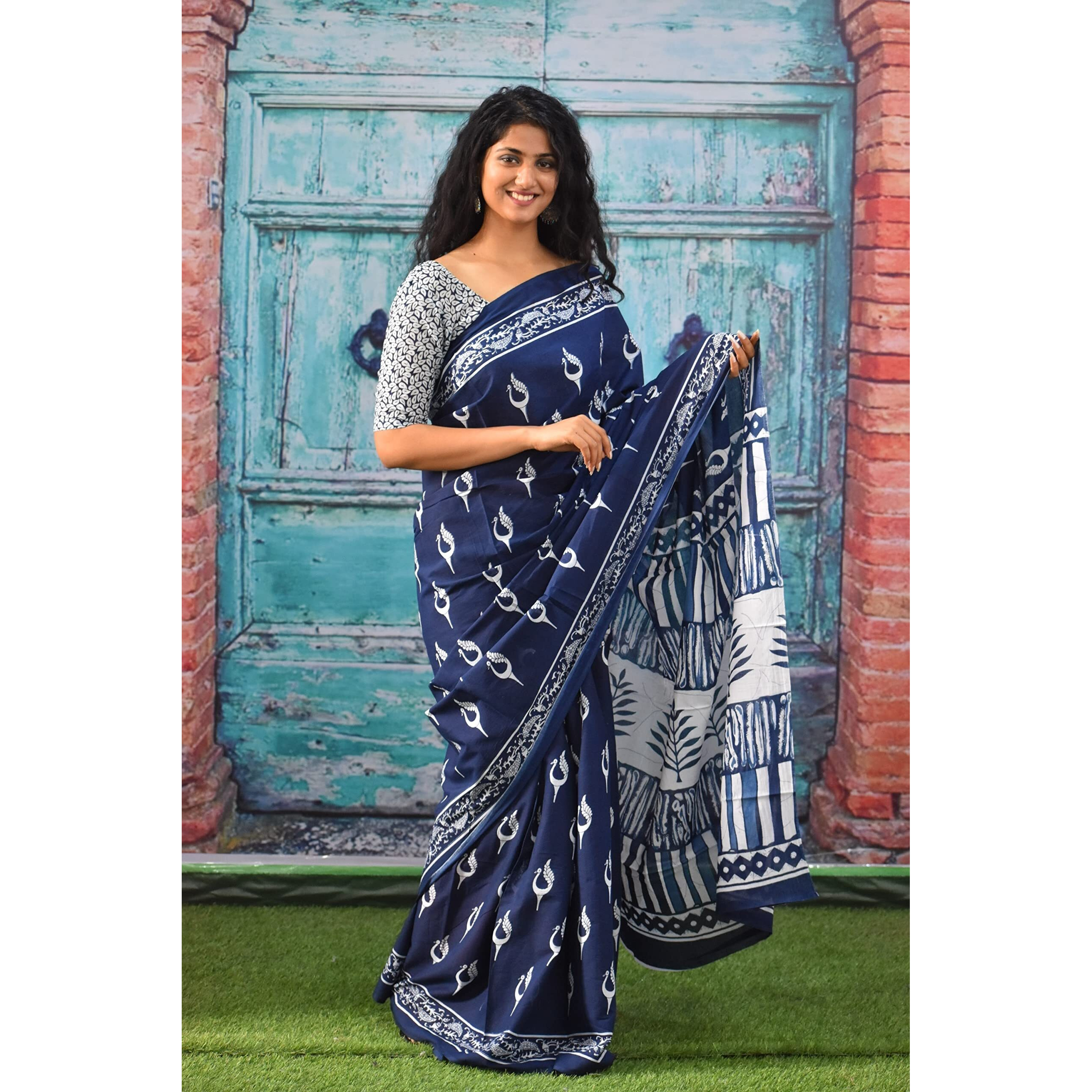 JALTHER Handicrafts Womens Ikat Hand Block Print Jaipuri Cotton Mulmul Saree with Blouse Piece - Blue_39