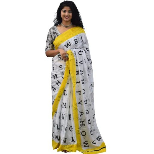 JALTHER Handicrafts Womens Ikat Hand Block Print Jaipuri Cotton Mulmul Saree with Blouse Piece - Yellow_227
