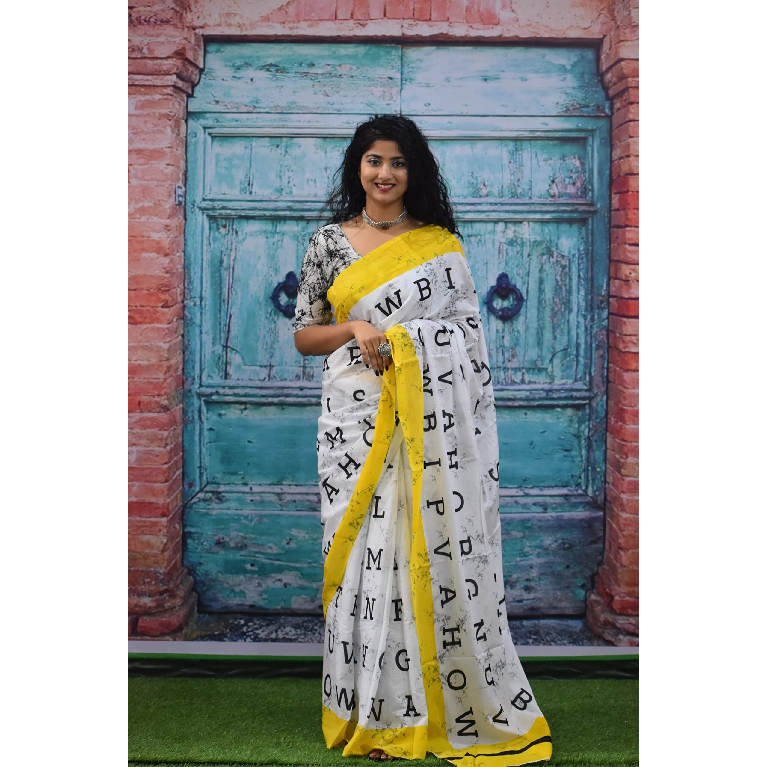 JALTHER Handicrafts Womens Ikat Hand Block Print Jaipuri Cotton Mulmul Saree with Blouse Piece - Yellow_227