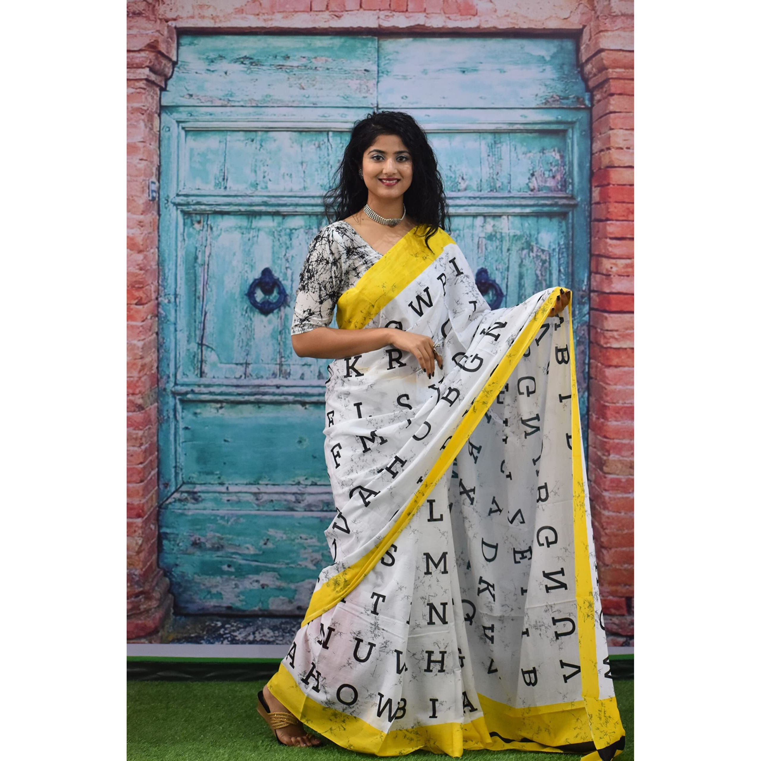 JALTHER Handicrafts Womens Ikat Hand Block Print Jaipuri Cotton Mulmul Saree with Blouse Piece - Yellow_227