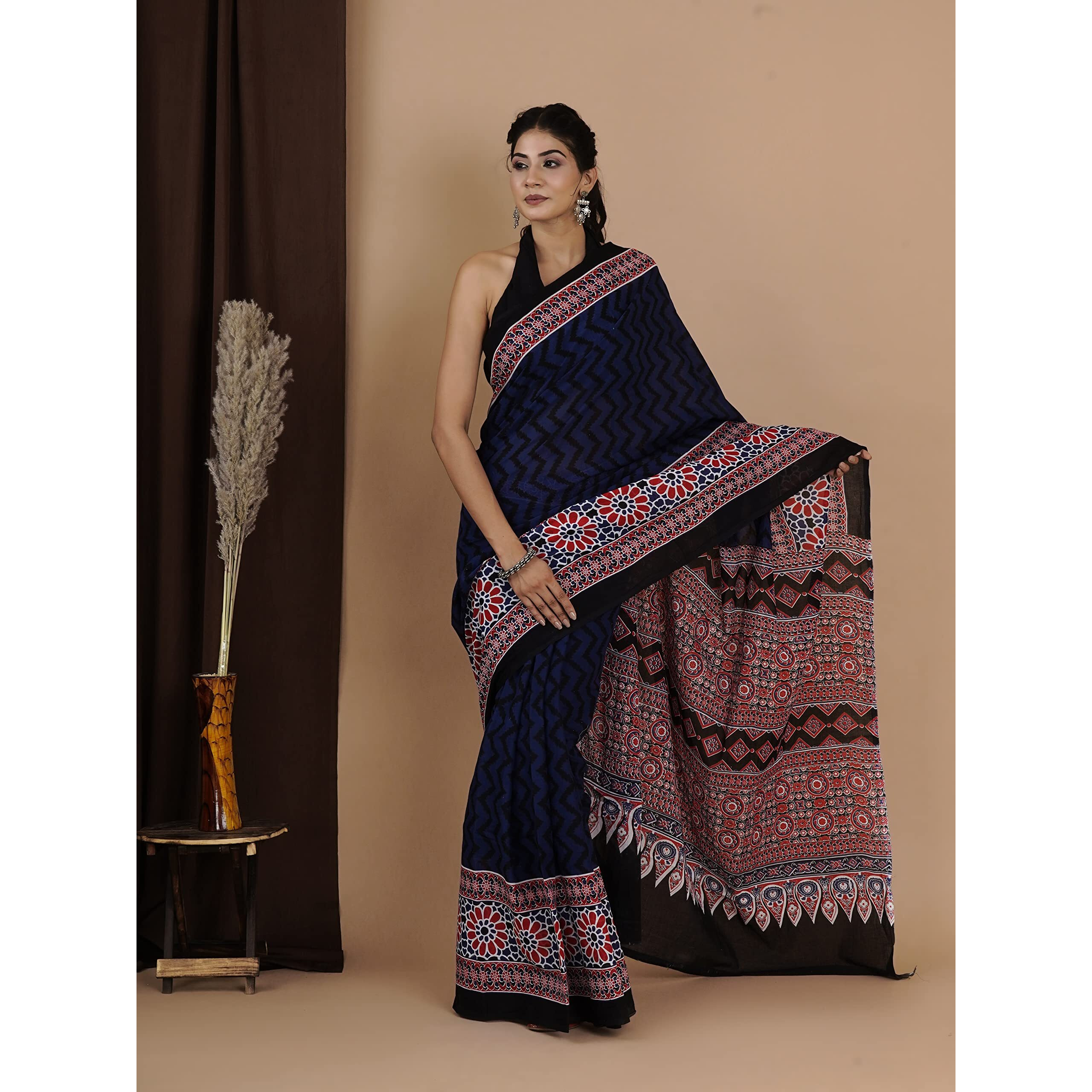 JALTHER Womens Ikat Hand Block Print Jaipuri Cotton Mulmul Saree with Blouse Piece -Blue_Shiv_2007