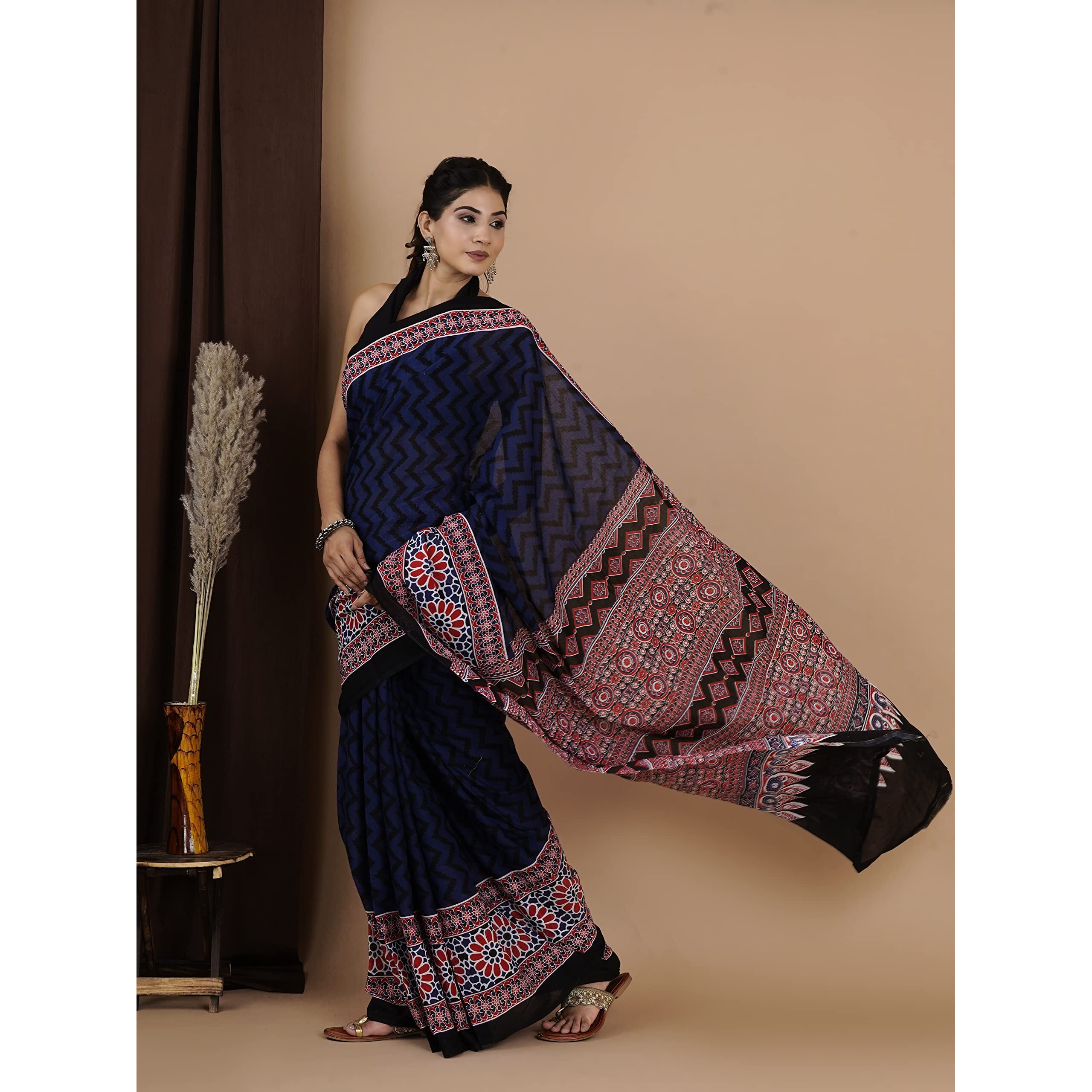 JALTHER Womens Ikat Hand Block Print Jaipuri Cotton Mulmul Saree with Blouse Piece -Blue_Shiv_2007