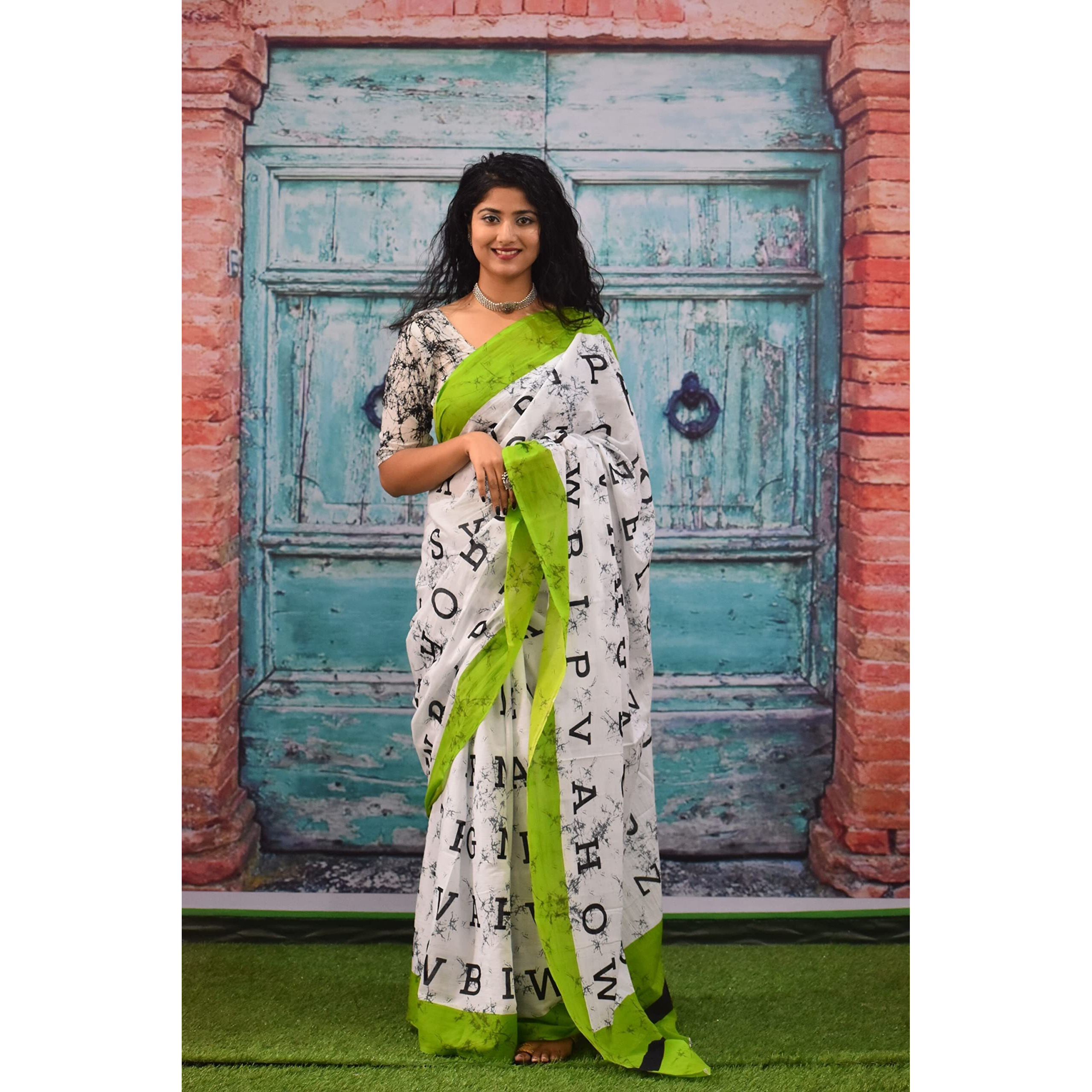 JALTHER Handicrafts Womens Ikat Hand Block Print Jaipuri Cotton Mulmul Saree with Blouse Piece - Green_226