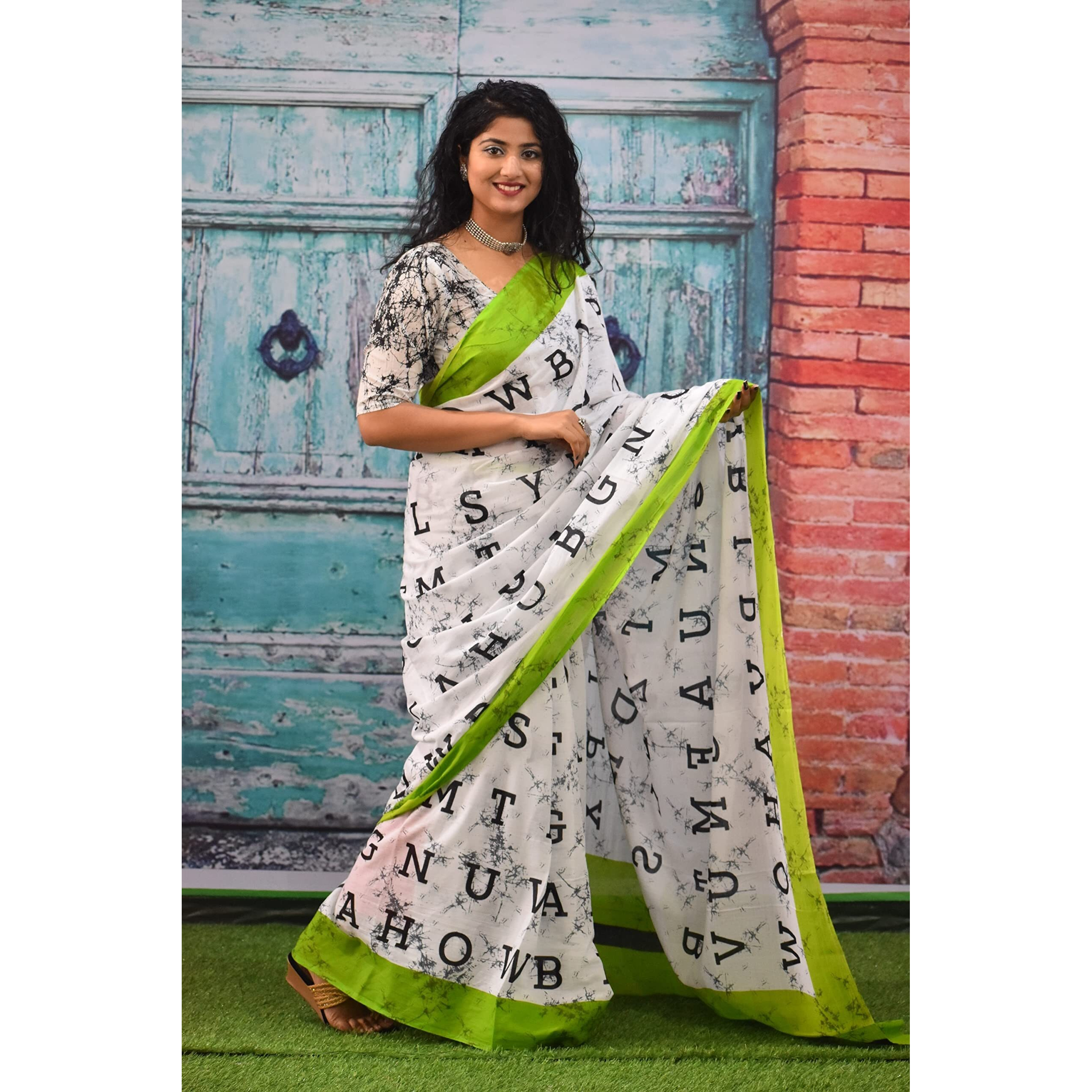 JALTHER Handicrafts Womens Ikat Hand Block Print Jaipuri Cotton Mulmul Saree with Blouse Piece - Green_226