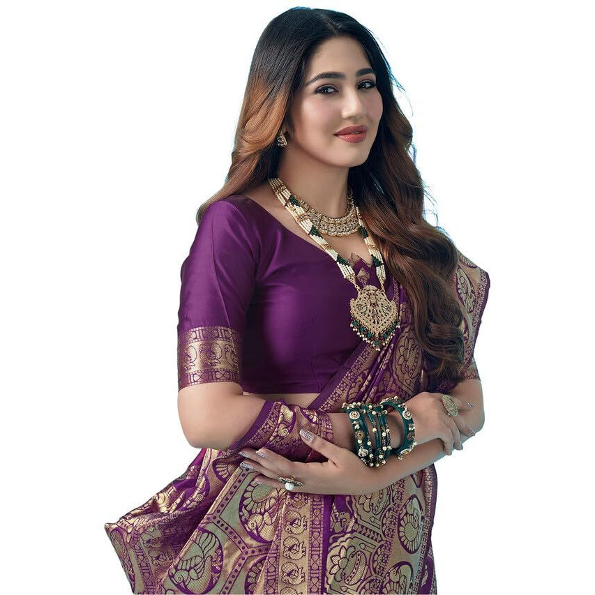 SAMAH Womens Art Silk Banarasi Jacquard Saree with Unstitched Blouse Piece (3412S153N_Dark Purple & Gold)