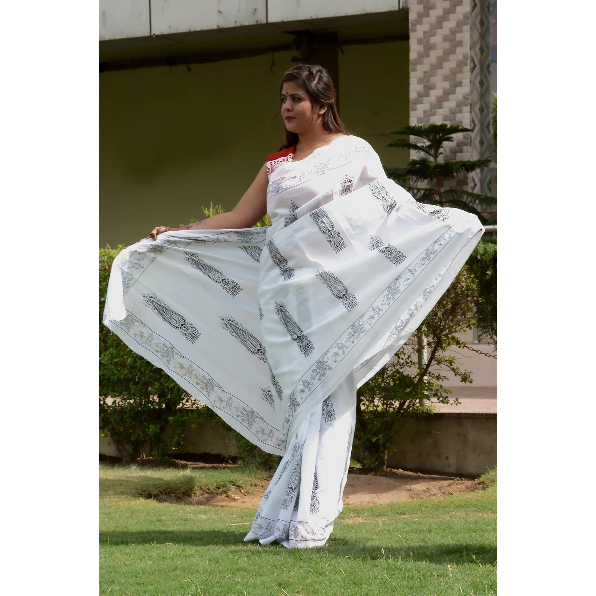 JALTHER Handicrafts Womens Ikat Hand Block Print Jaipuri Cotton Mulmul Saree with Blouse Piece_Design 5