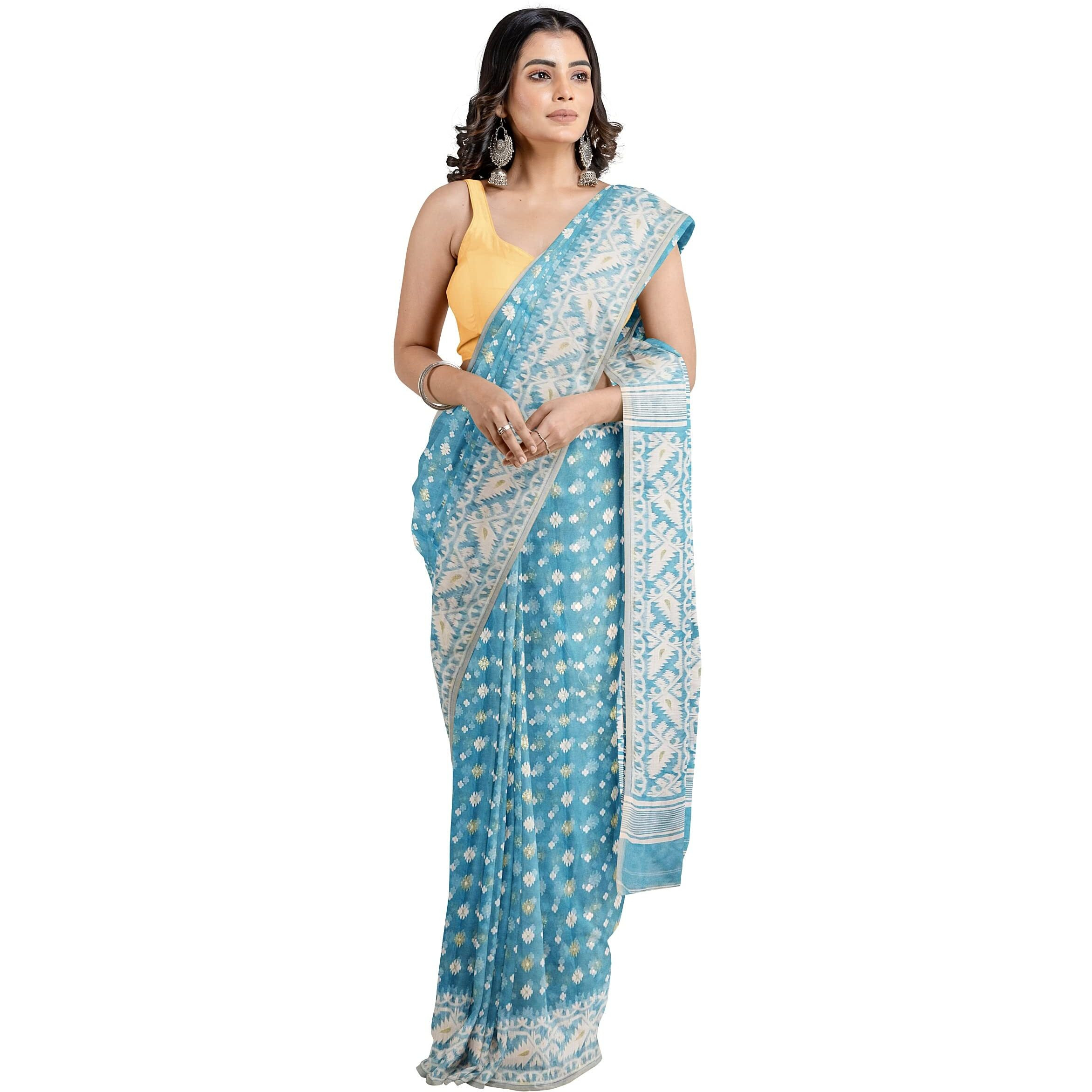 Anchol Saree Womens Traditional Bengal Handloom Cotton Silk Jamdani Saree, (AS_Sky Blue_080)
