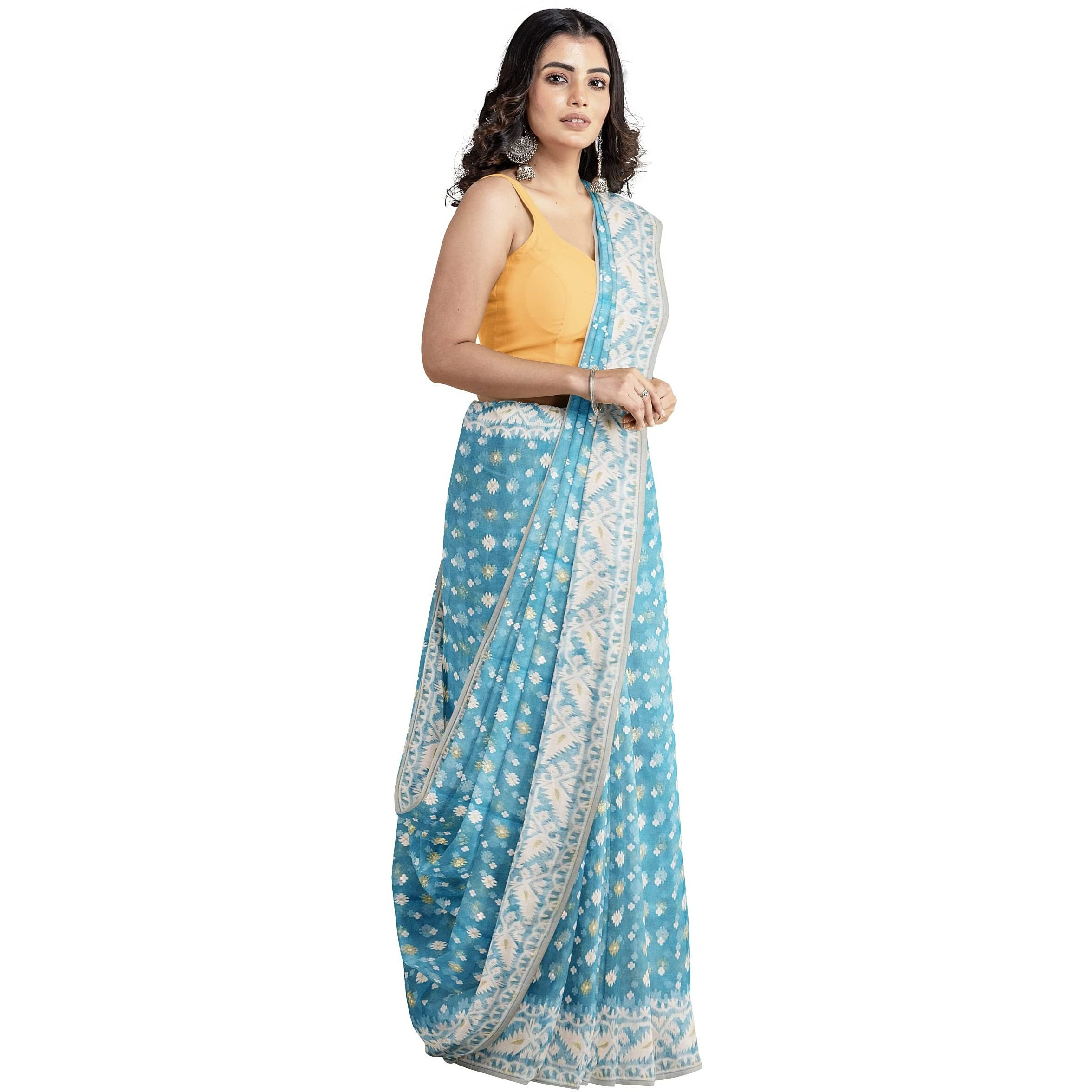 Anchol Saree Womens Traditional Bengal Handloom Cotton Silk Jamdani Saree, (AS_Sky Blue_080)