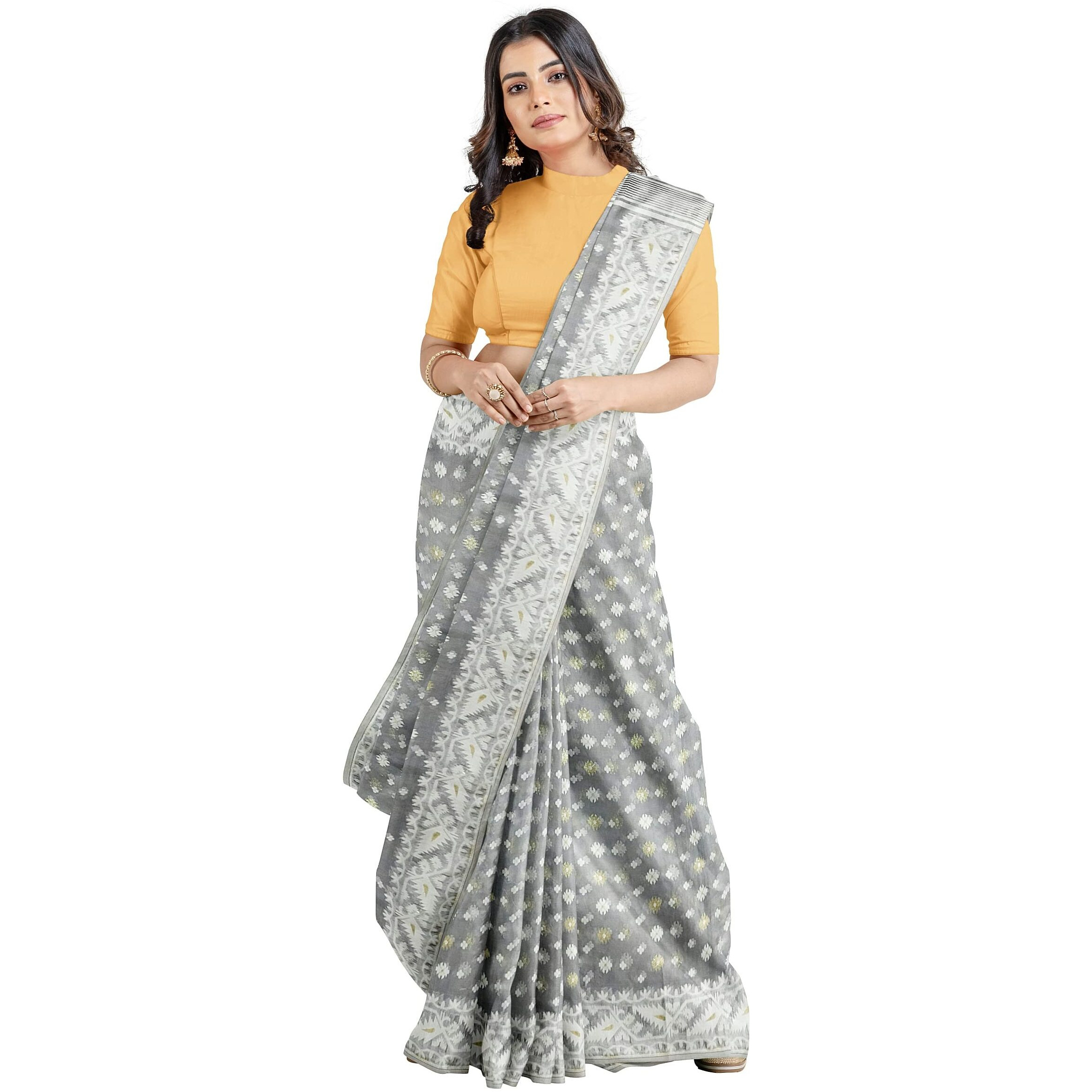 Anchol Saree Womens Traditional Bengal Handloom Cotton Silk Jamdani Saree, (AS_Silver_076)