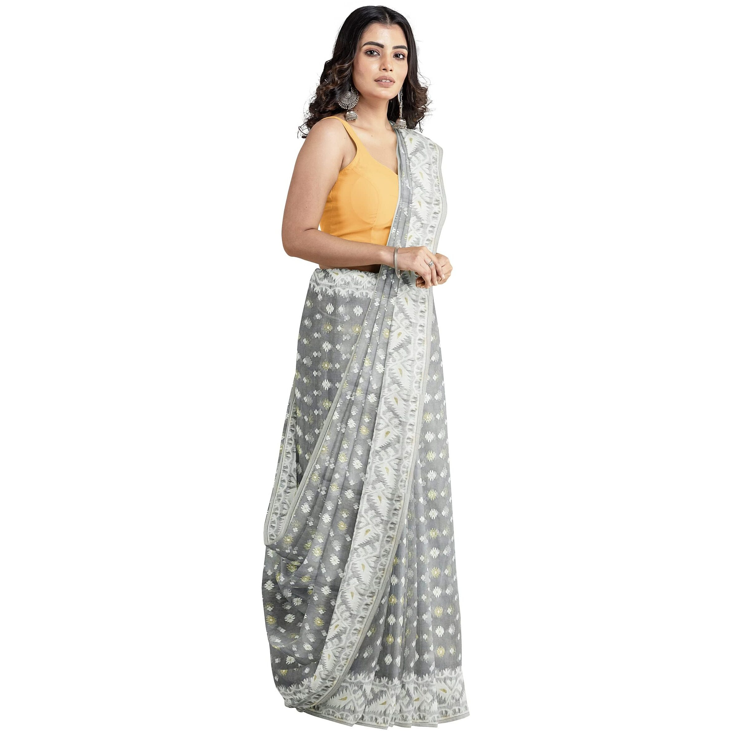 Anchol Saree Womens Traditional Bengal Handloom Cotton Silk Jamdani Saree, (AS_Silver_076)