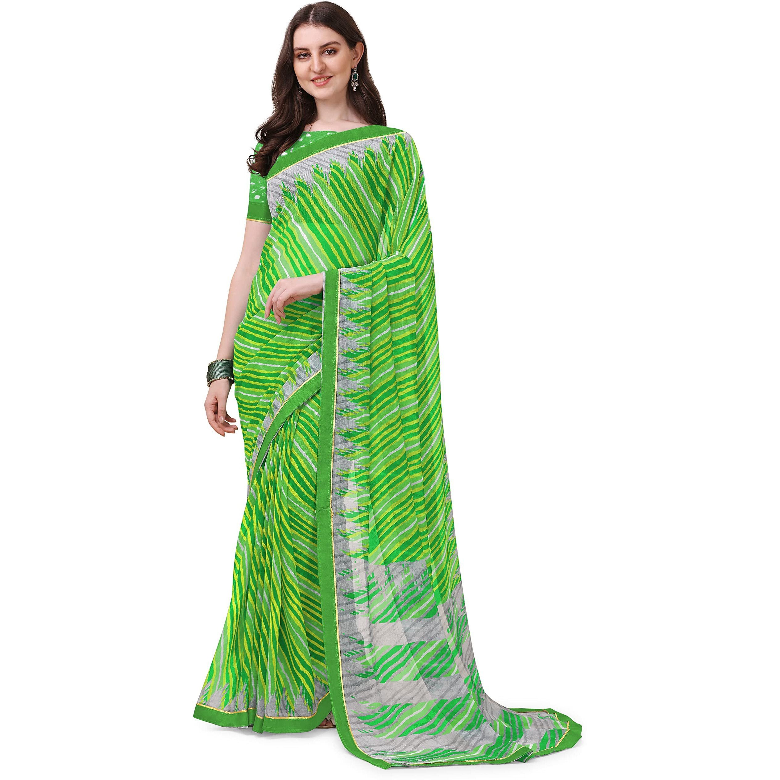 Amazon Brand - Anarva Womens Chiffon Bandhani Lehariya Saree With Blouse Piece (pavitraa-parrot-green-03-an)